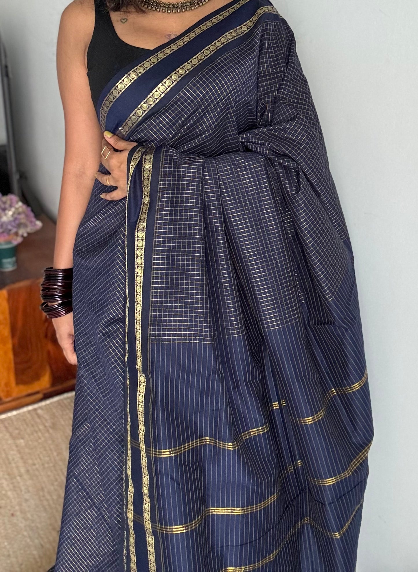 Midnight blue, arani zari checks saree, cotton silk - YCCOTNARFE48