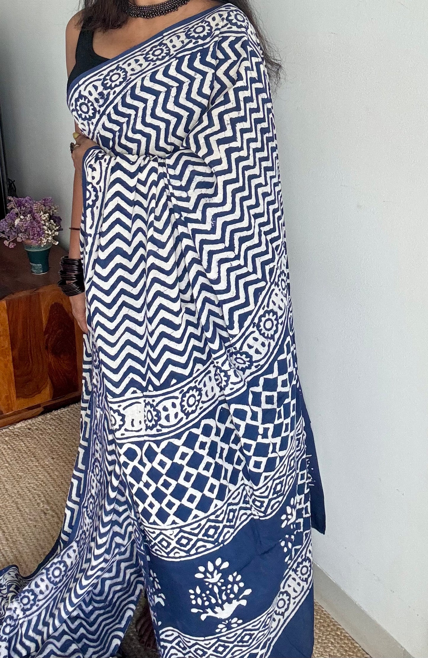 Beige with indigo zig zag motifs, block printed soft cotton saree - YCTORCMA22