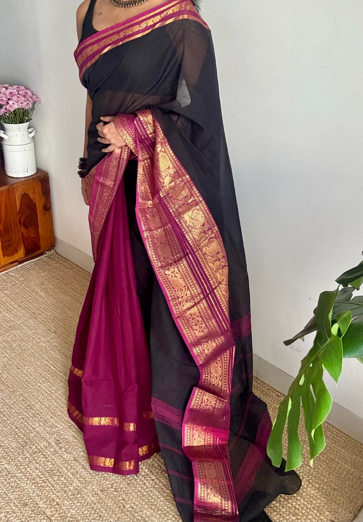 Black with purple pink (vadamalli), with sungudi and chettinad cotton half and half saree - YCCOTNIDOC128