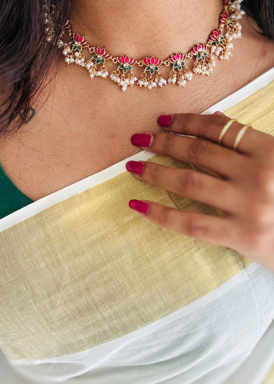 Pink and green lotus with pearl drops and earrings - YCAGC113