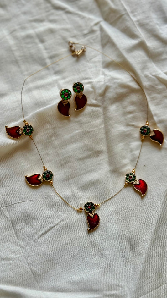 Invisible chain with red mango palakka pendants with earrings - YCGPNP462