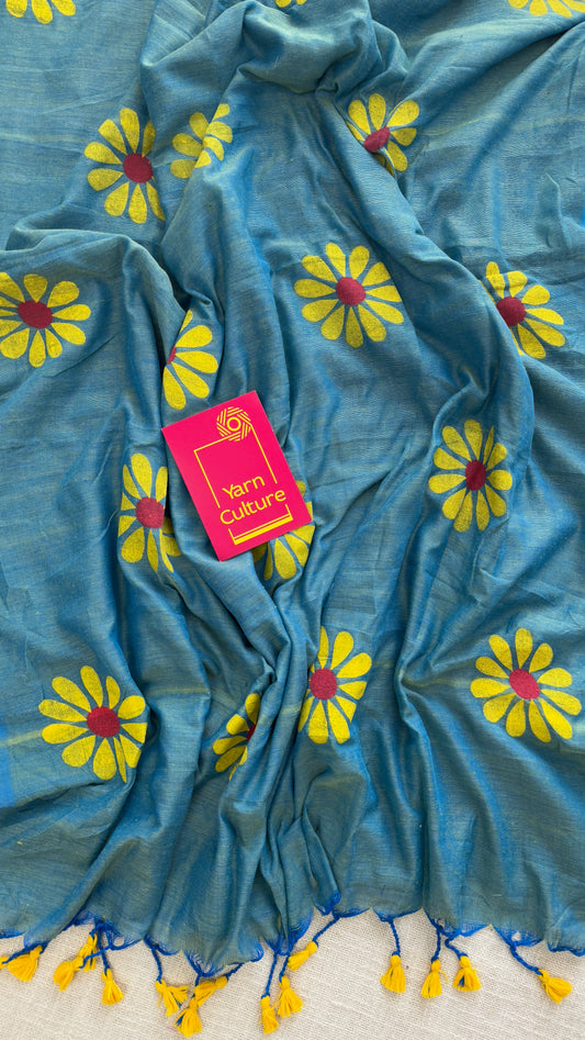 Bluish Green Floral - Khadi Soft Cotton YCBCF20