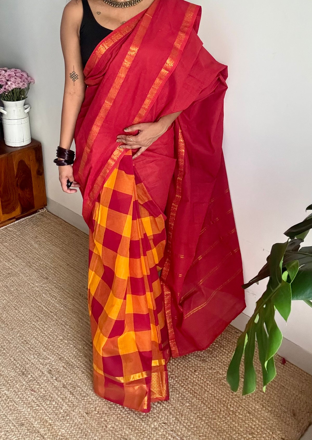 Chilli red with multicoloured checks, sungudi and chettinad cotton half and half saree - YCCOTNIDOC142
