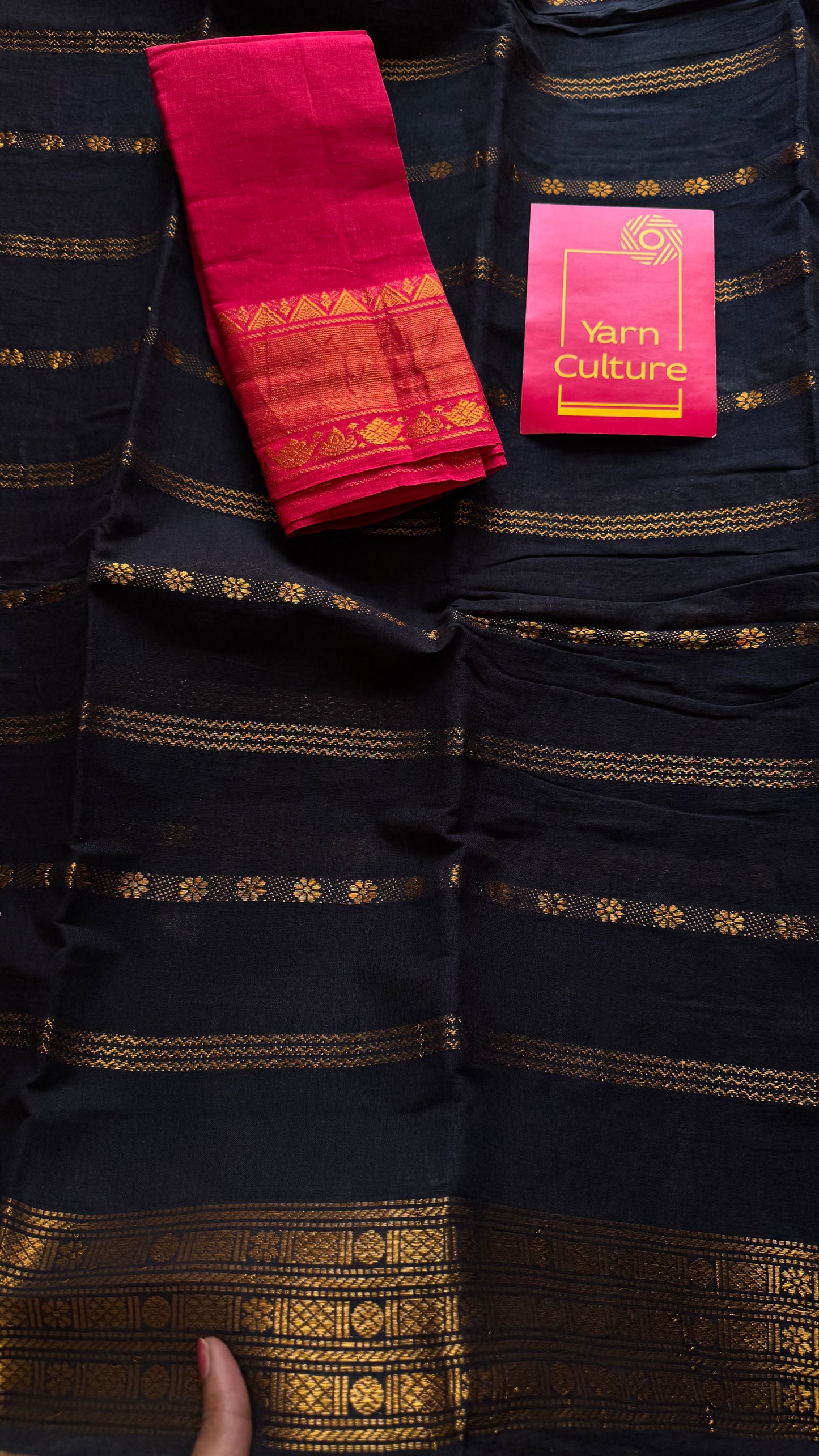 Black floral patterned velthaari, kattuchayam dyed madurai cotton saree  - YCCOTNMSAP215