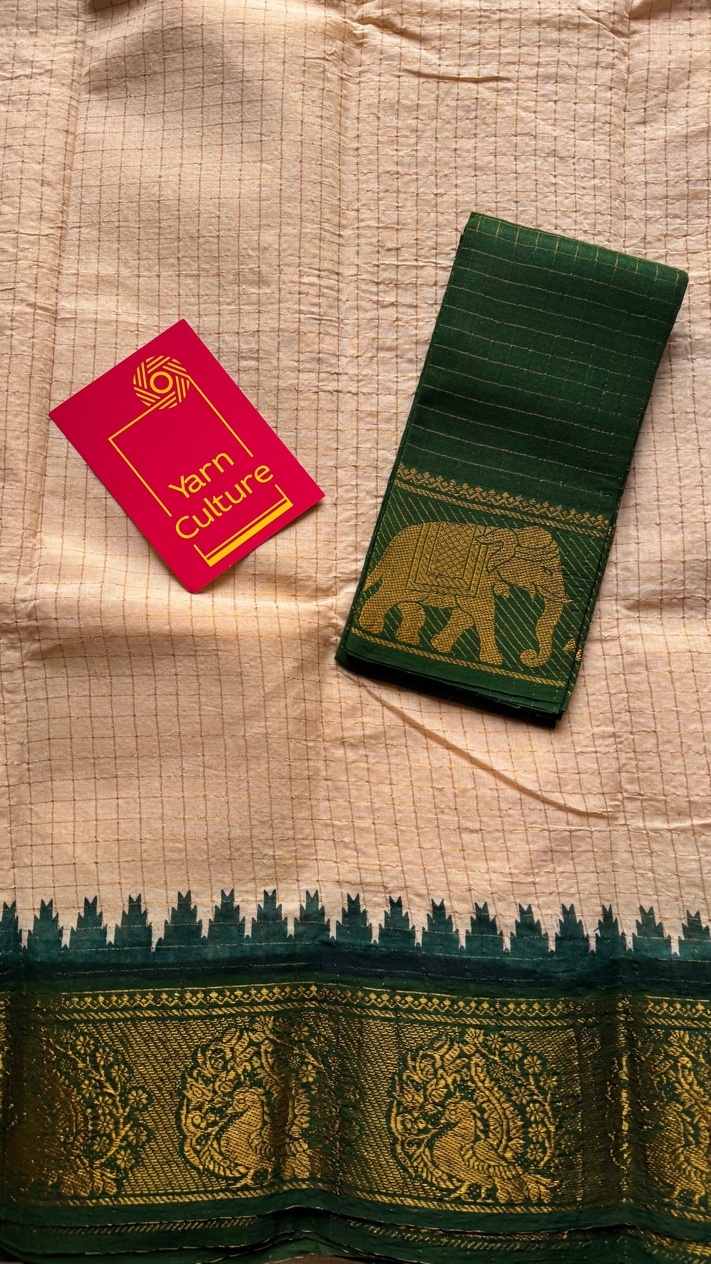Sungudi checks, sandal base, green and deep red border, soft cotton - YCIEON93