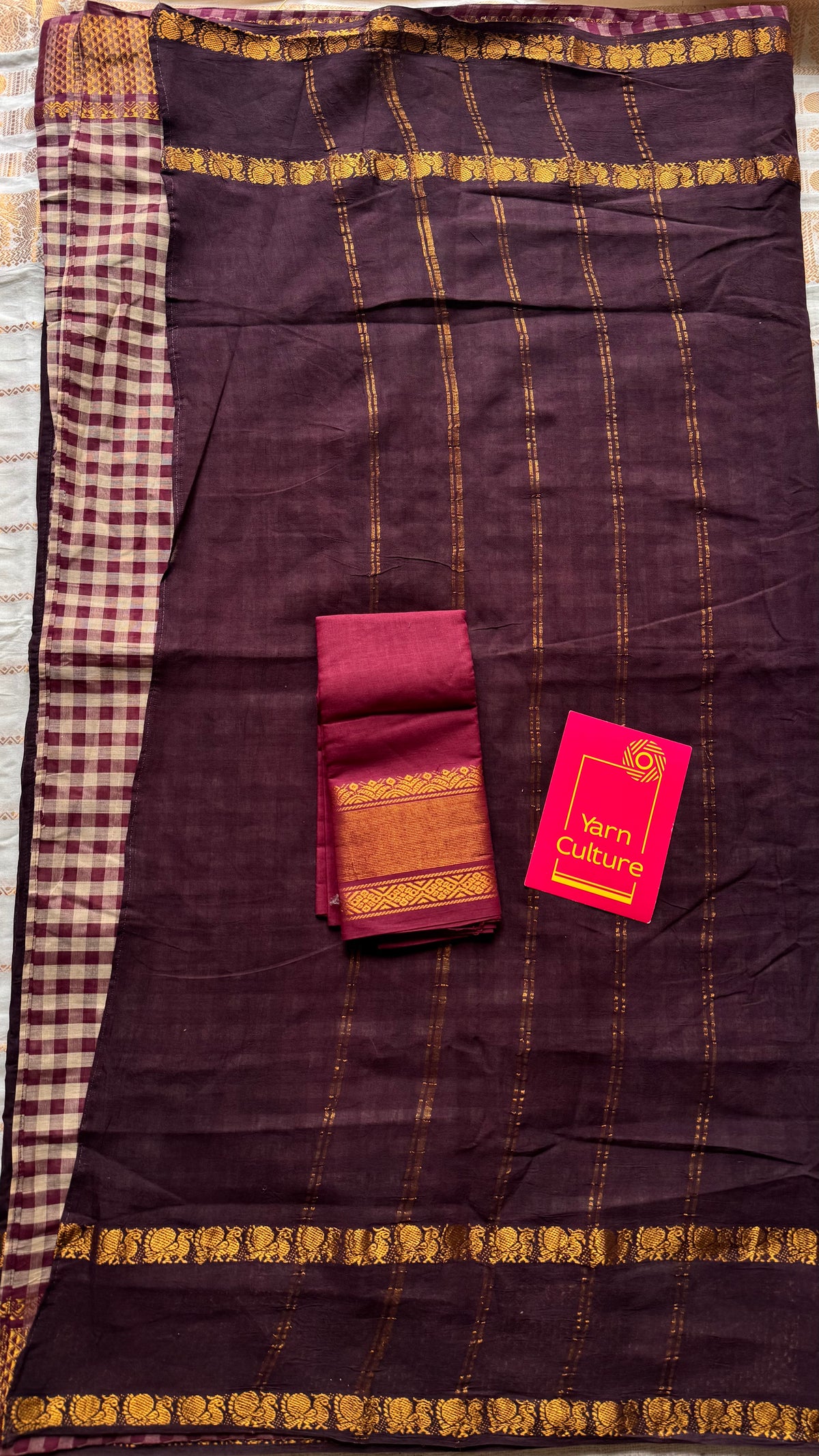 Brown and maroon with cream checks, sungudi and chettinad cotton half-half saree - YCCOTNIDOC31