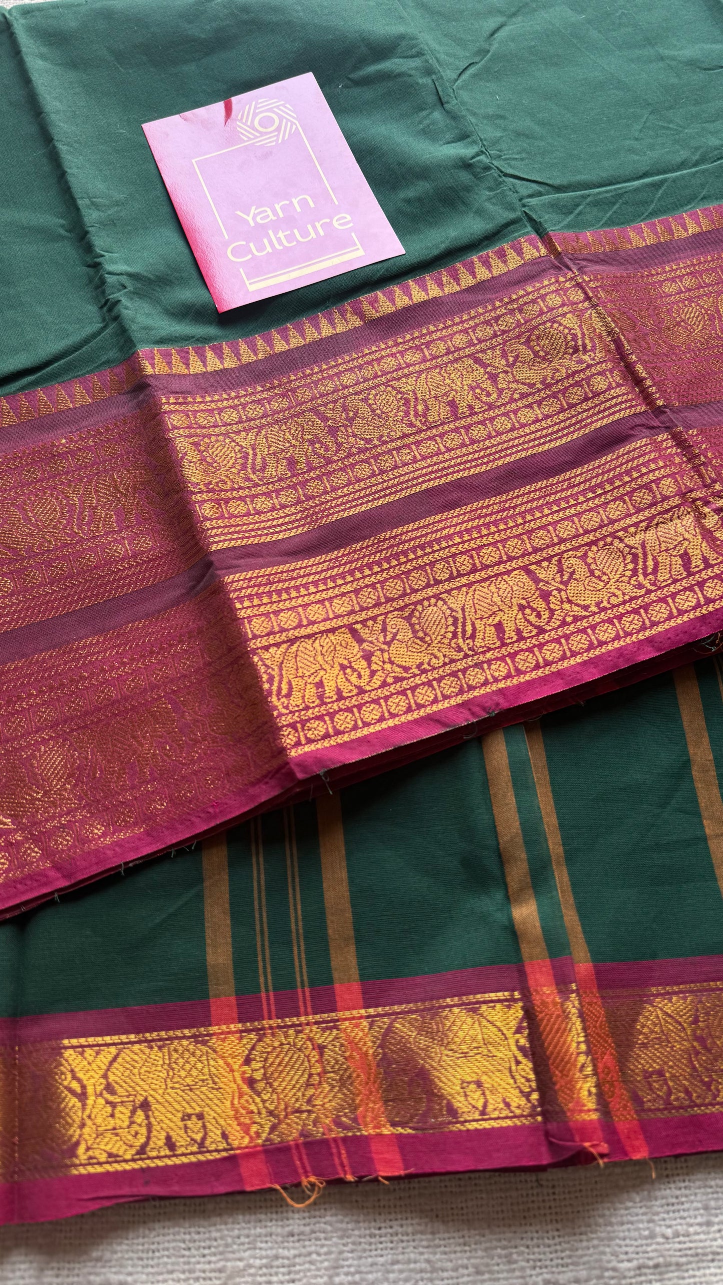 Dark green with magenta wide zari border, kanchi cotton - YCCOTNKCJA216