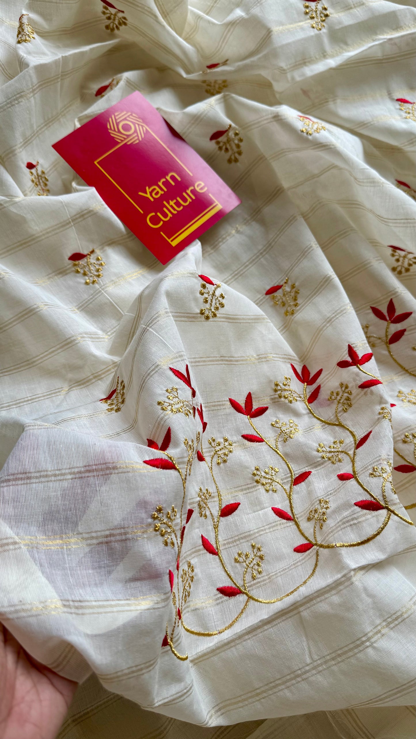 Ivory and gold soft cotton saree, red floral vine embroidery - YCIEON60