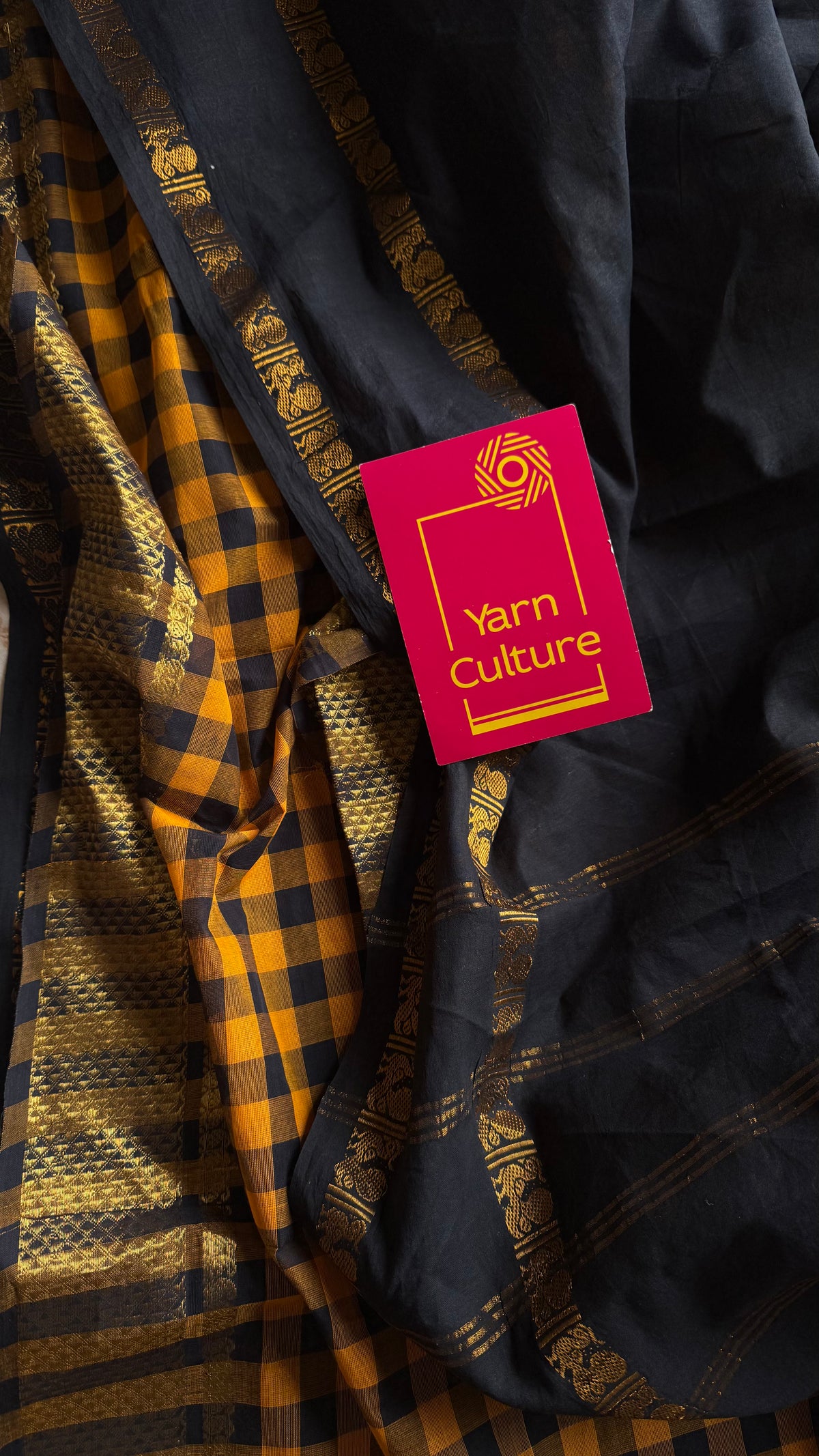 Black with yellow and black checks, sungudi and chettinad cotton half-half saree - YCCOTNIDOC30