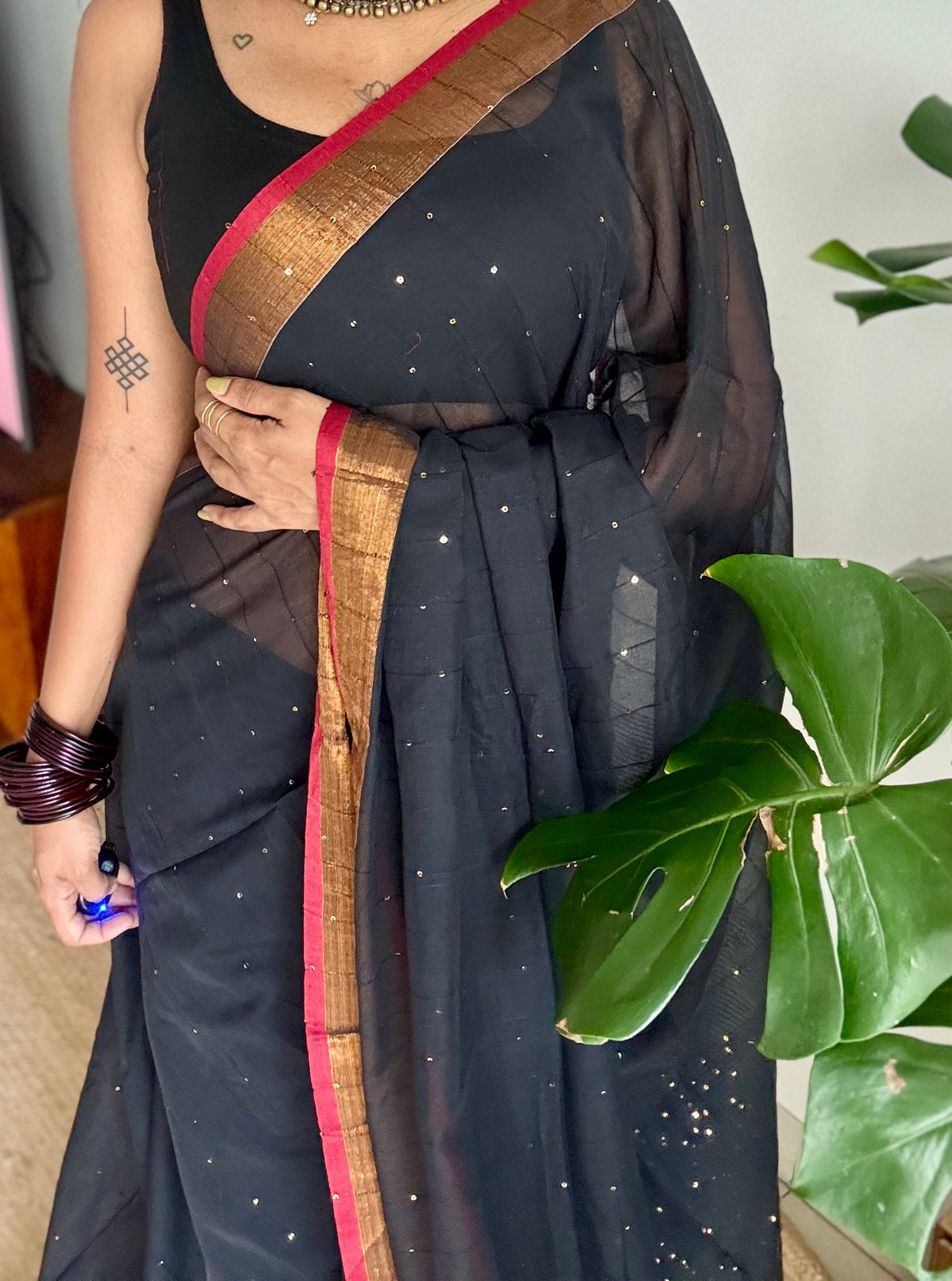 Black mul cotton saree with sequins and zari border - YCBCMCSE29