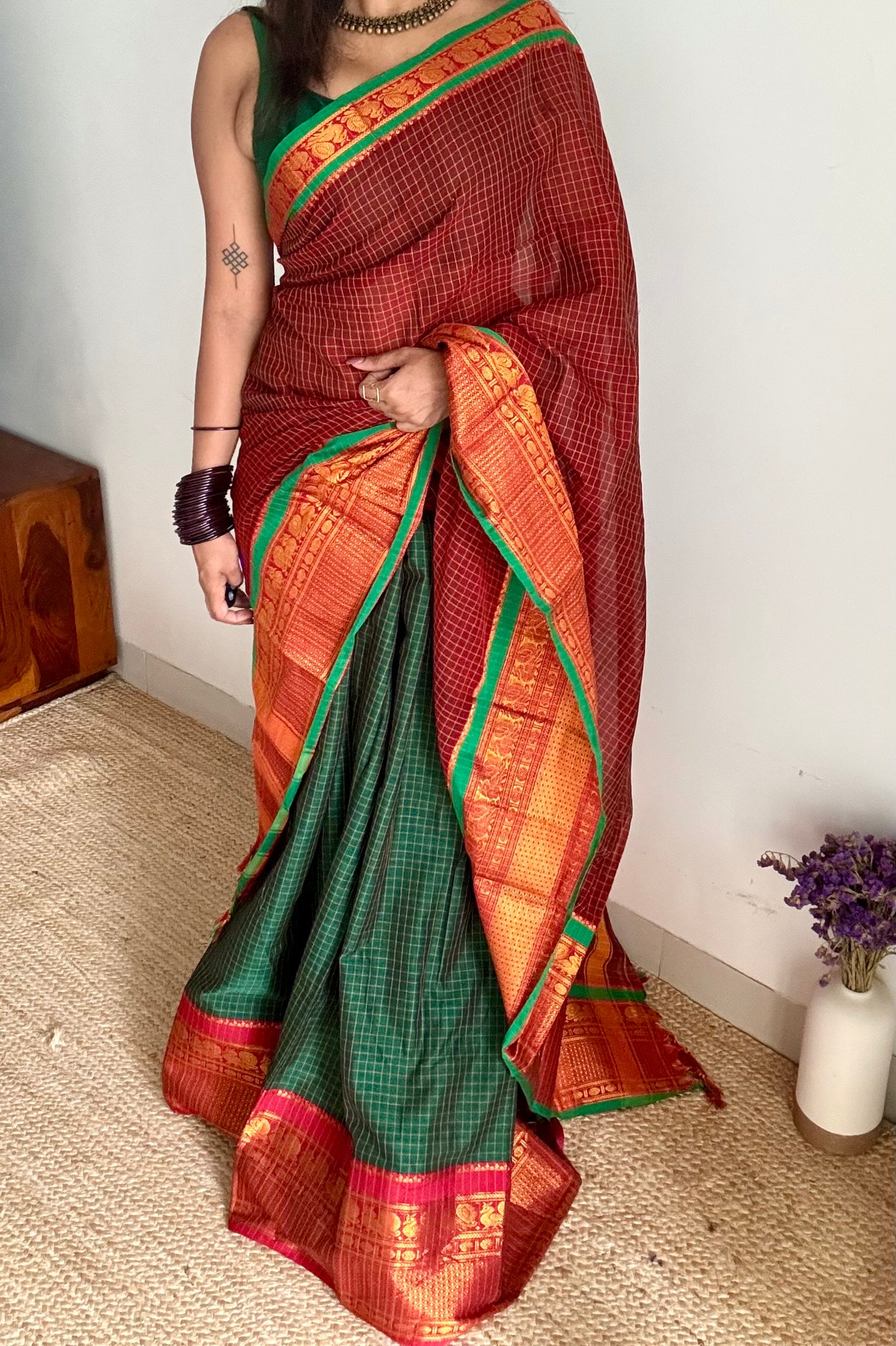 Green - Maroon unstitched half saree material (dhavani), narayanpet cotton - YCIEHS218
