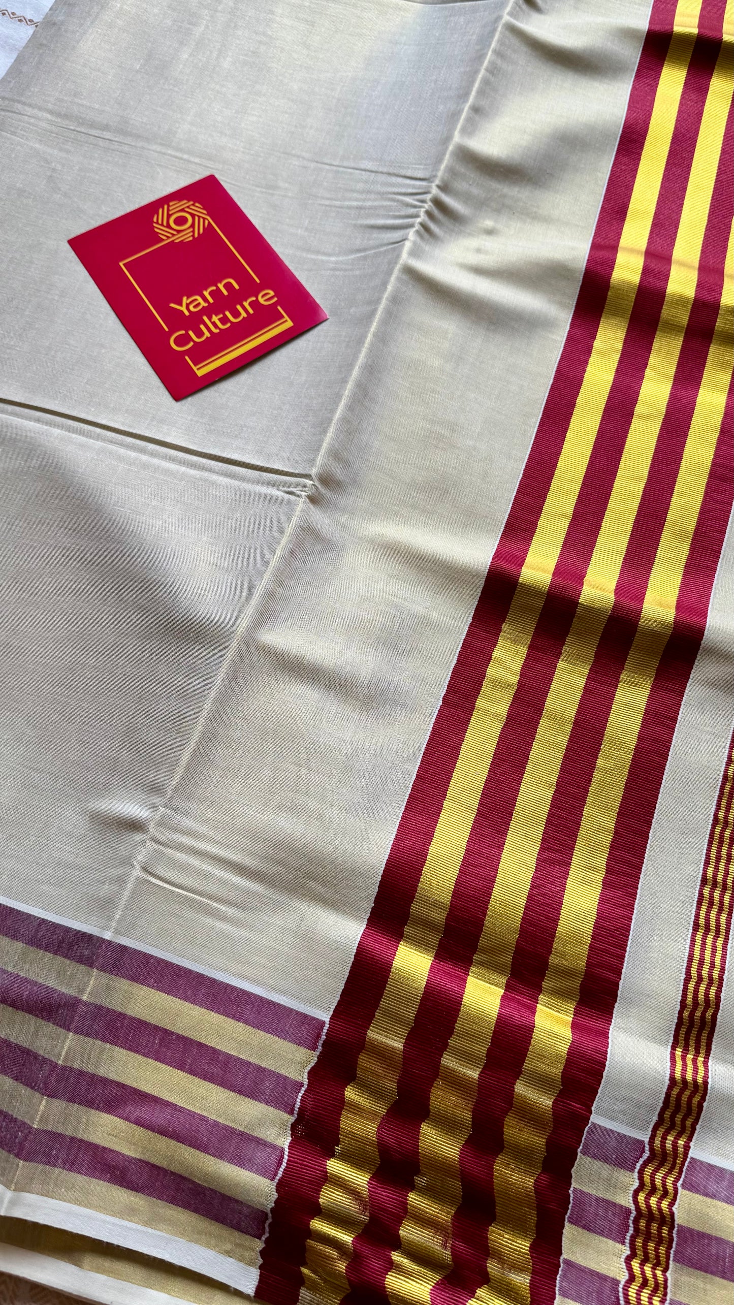 Ivory and gold soft tissue cotton saree, maroon border - YCIEON67