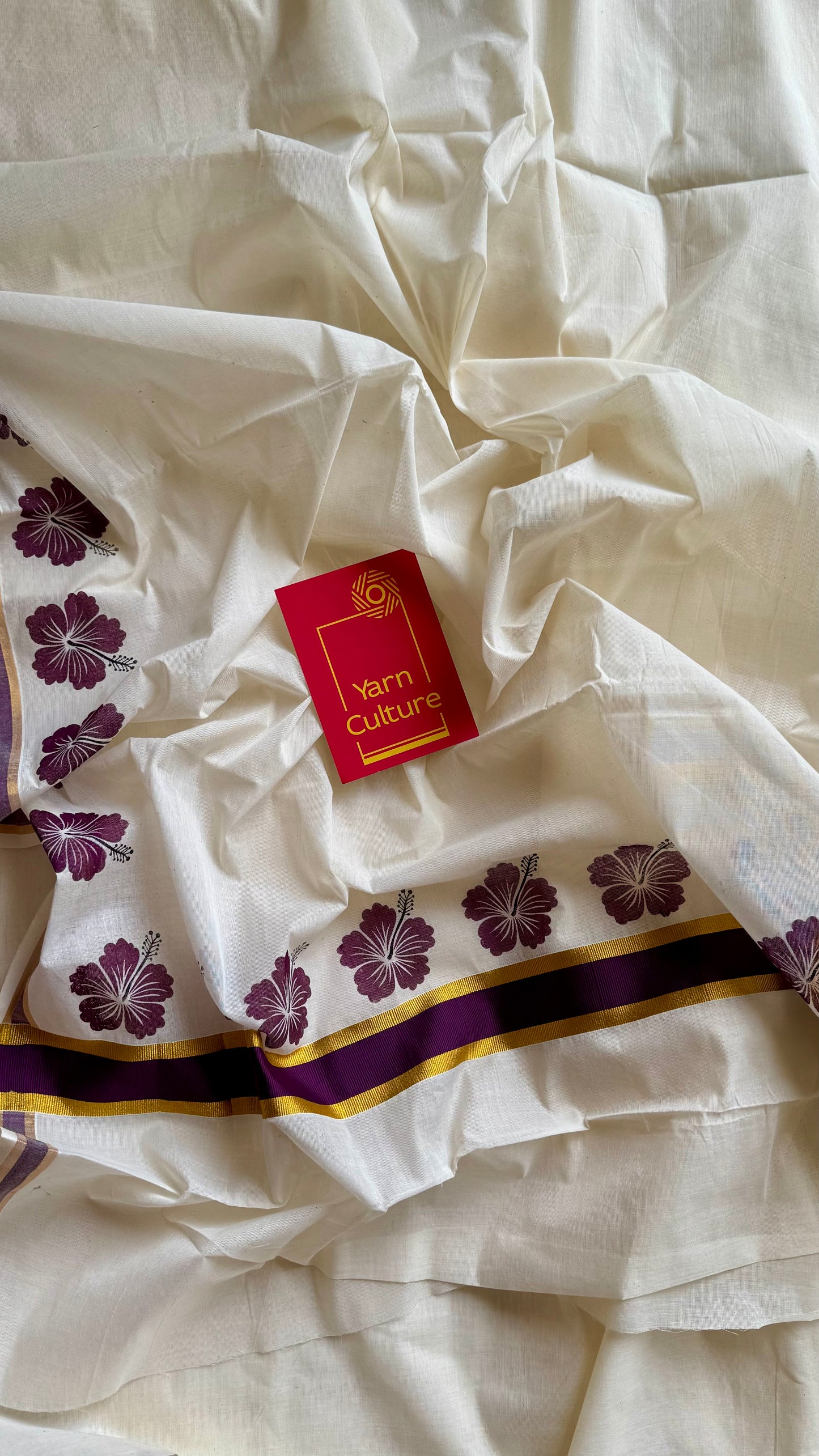 Ivory and gold soft cotton saree, wine hibiscus (chembarathi) flowers - YCIEON63