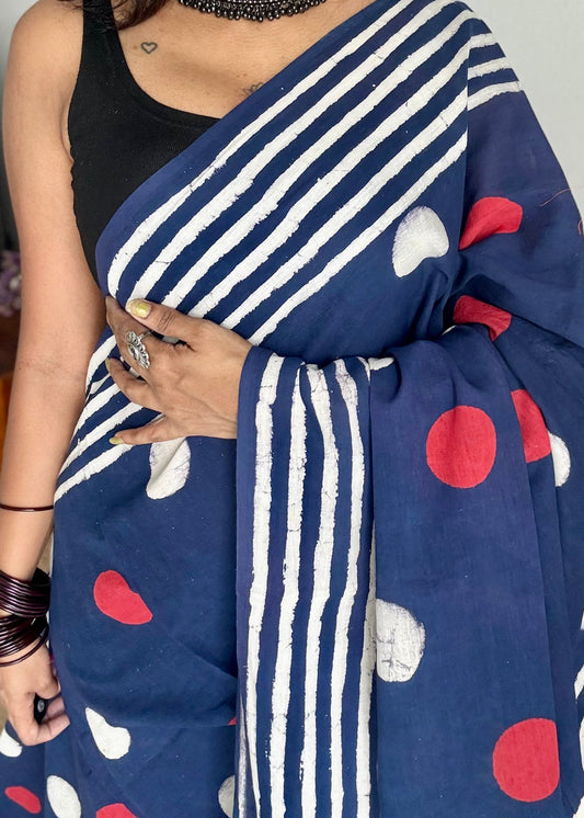 Indigo with red and white cirlce motifs, block printed soft cotton saree - YCTORCMA11