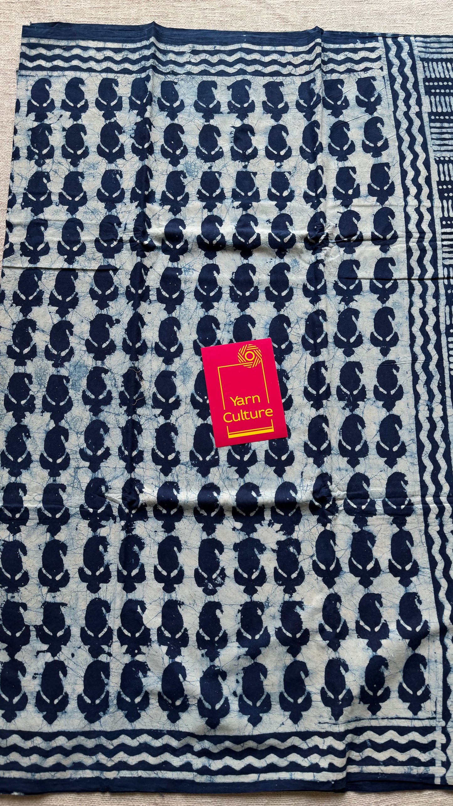 Beige with indigo paisley motifs, block printed soft cotton saree - YCTORCMA10