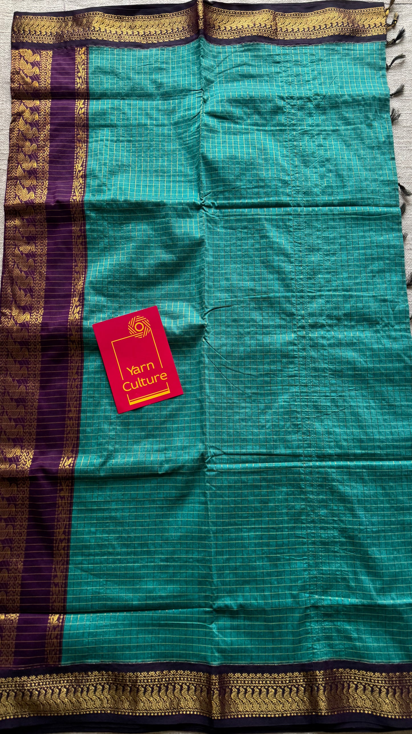 Turquoise with dark wine, checks - cotton silk - YCCOTNOCKC38