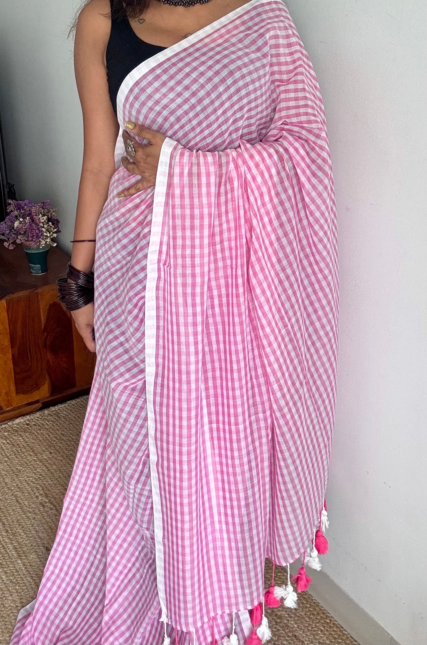 Light pink and white checkered mul cotton saree  - YCBCMCCMA28