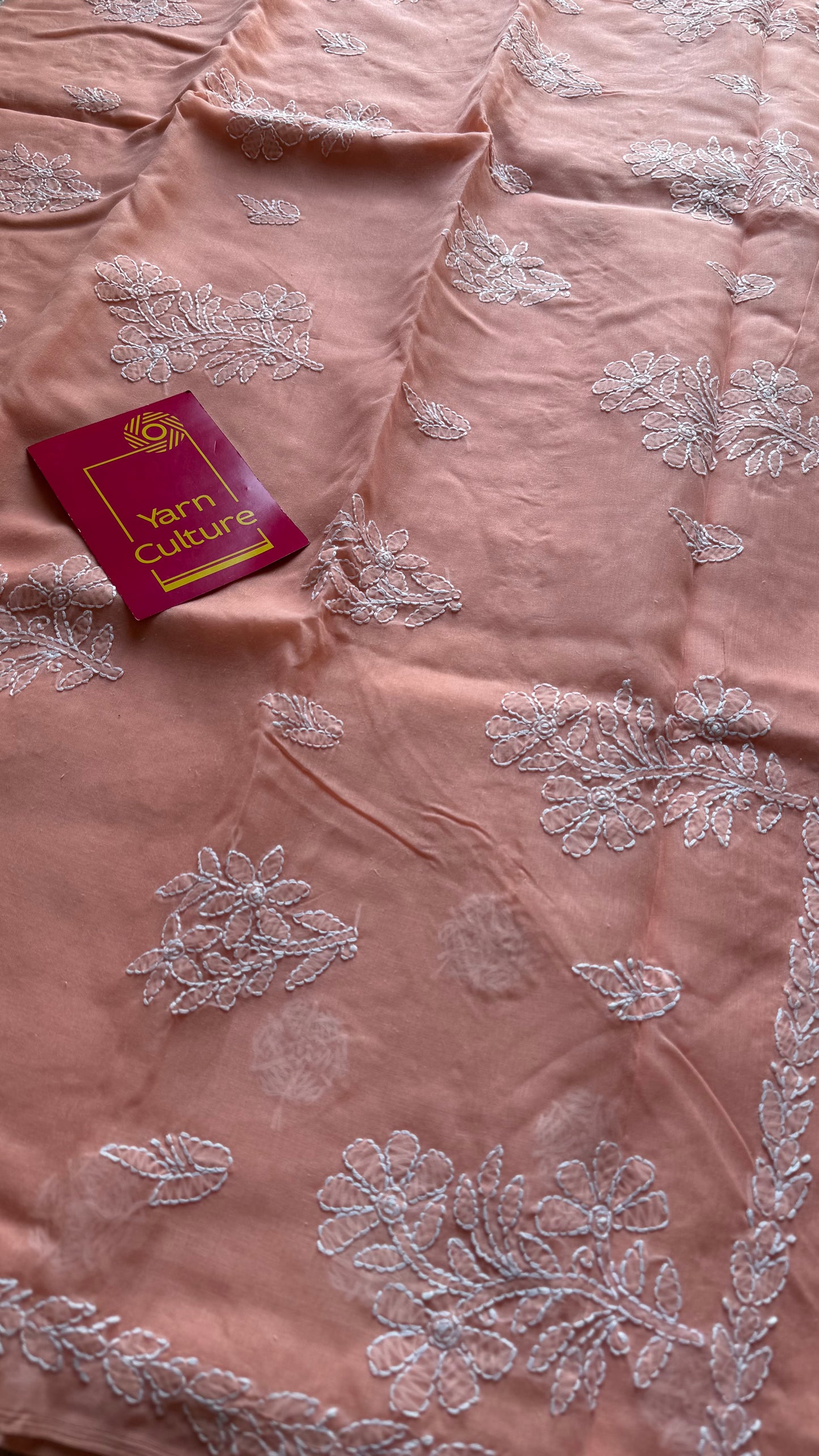Sukun - musk, light peach hand-embroidered chikankari cotton saree - YCLCKFE425
