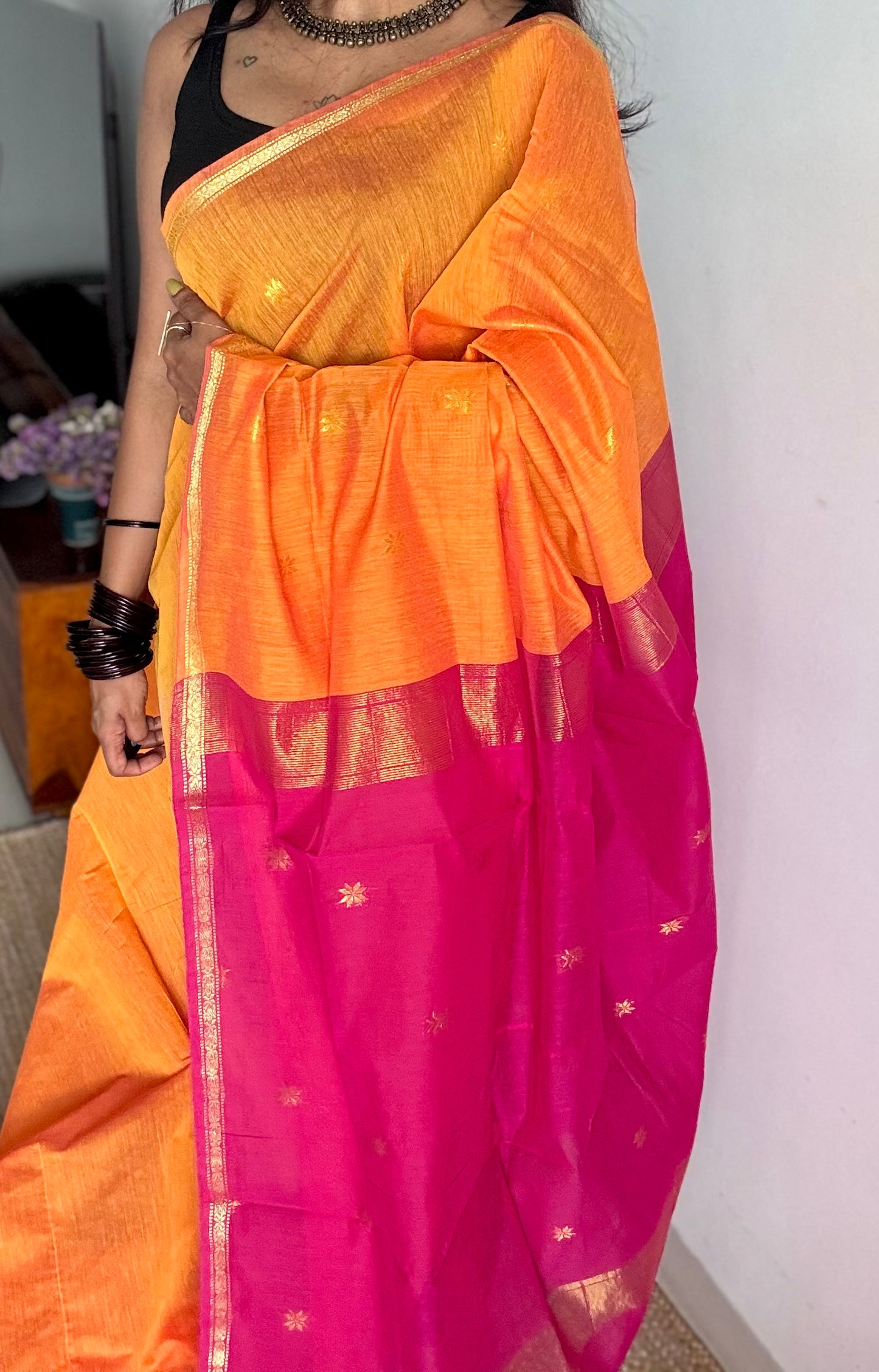 Orange with rani pink, gold buttas, semi maheshwari cotton silk - YCCOTNCSDE88