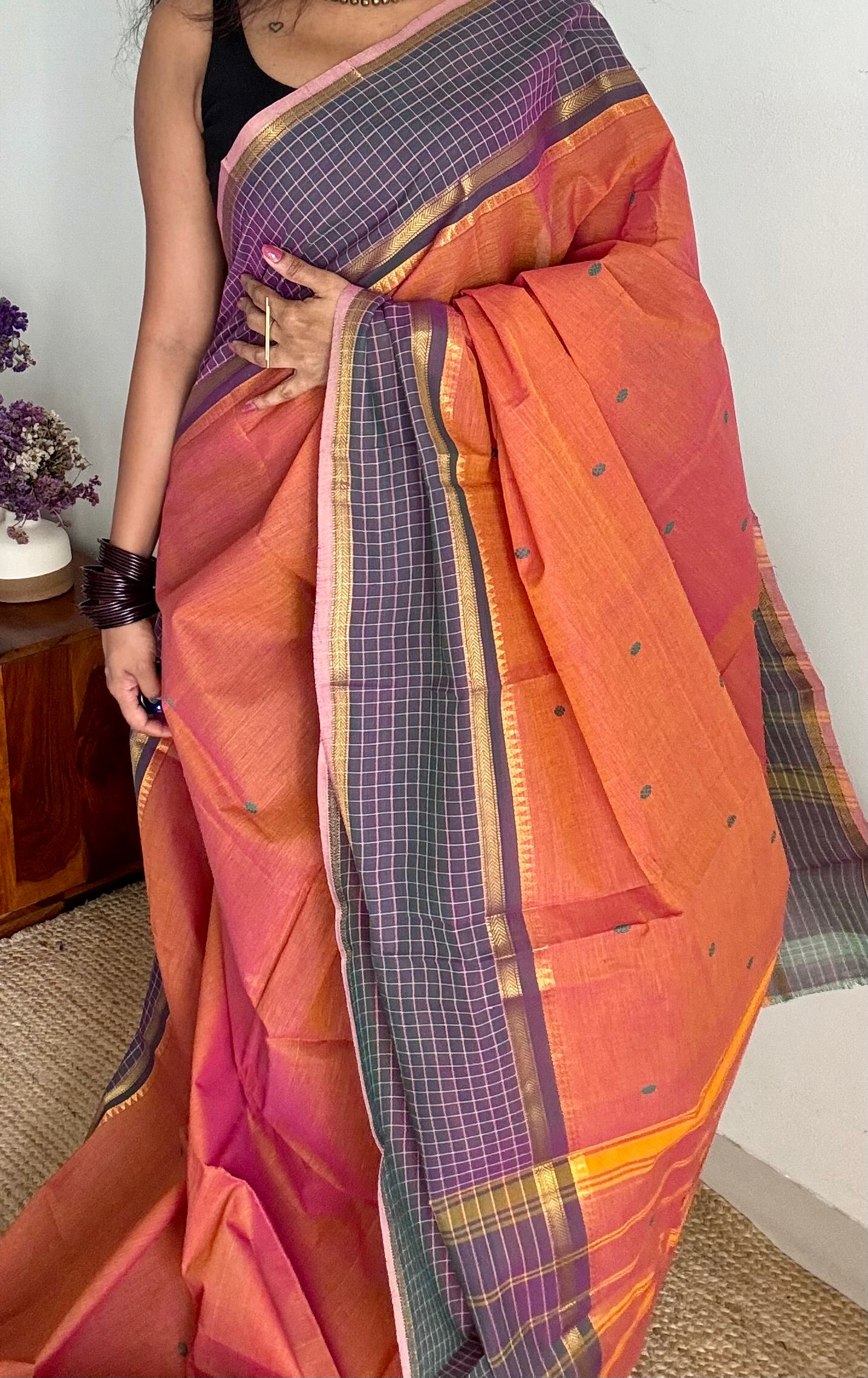 Orange pink dual tone and dark greyish blue contrast, Chettinad cotton saree with checkered border - YCCOTNMA273