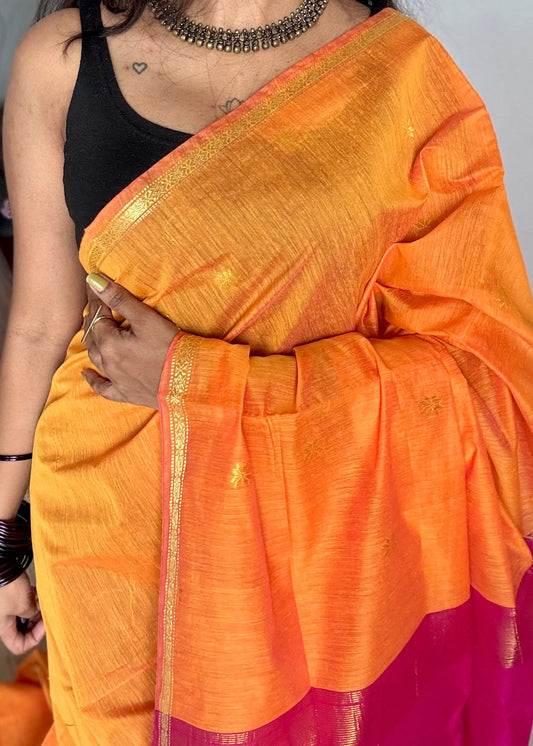 Orange with rani pink, gold buttas, semi maheshwari cotton silk - YCCOTNCSDE88