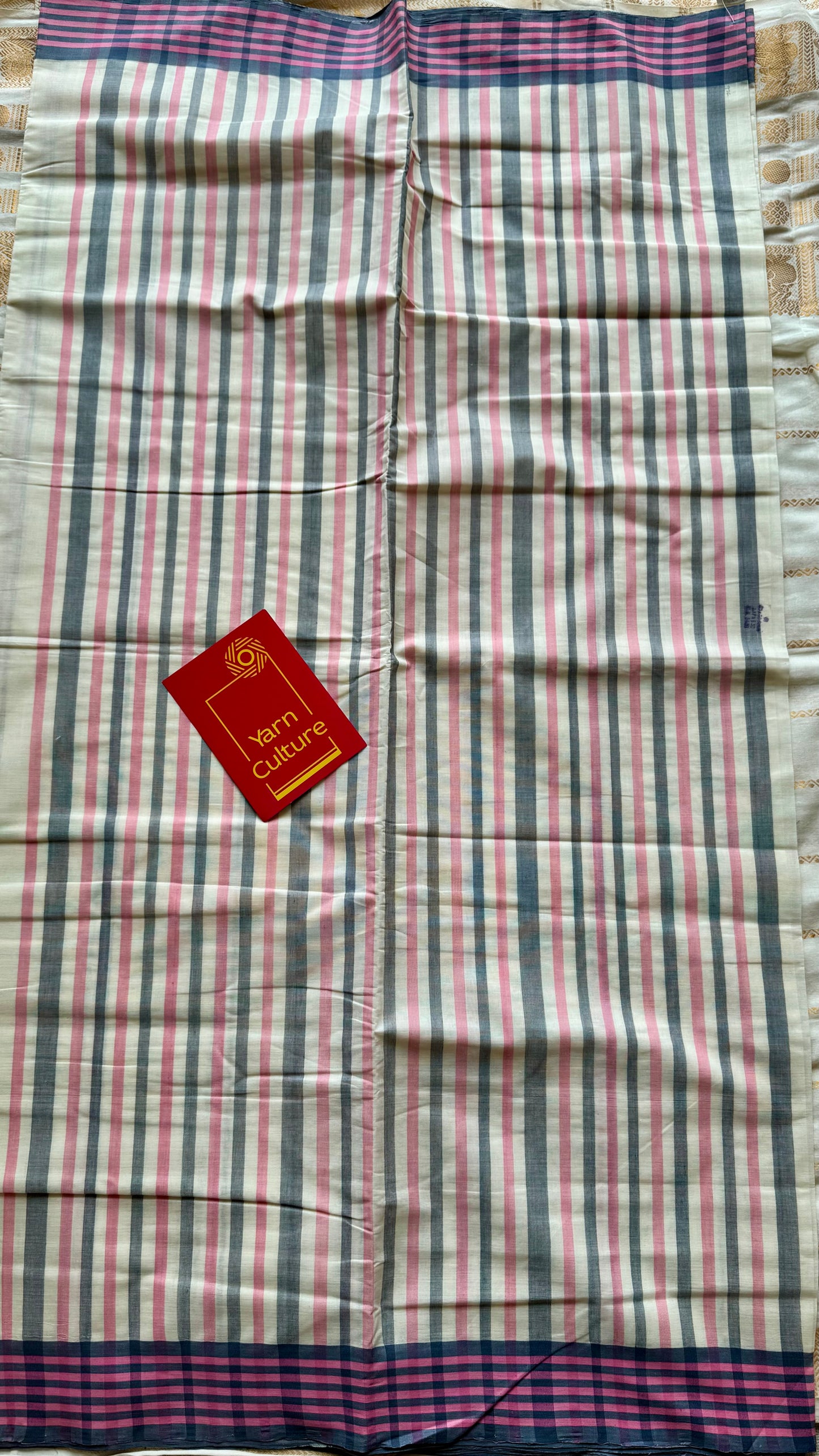 Handloom, woven in Chendamangalam Looms, ivory with grey pink border, striped soft cotton saree - Handloom ivory grey pink border