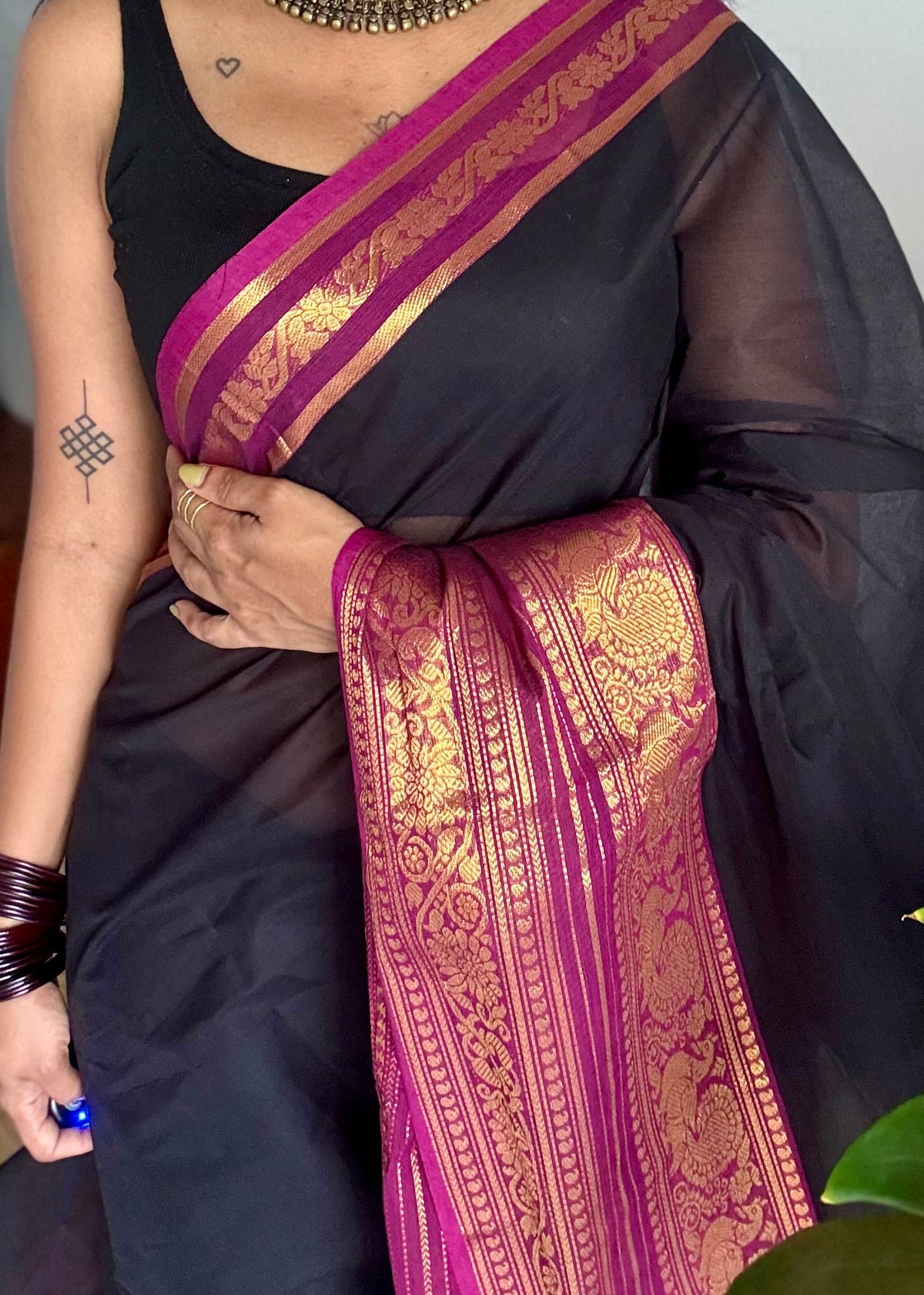 Black with purple pink (vadamalli) wide zari border kanchi cotton saree - YCCOTNCKSE20