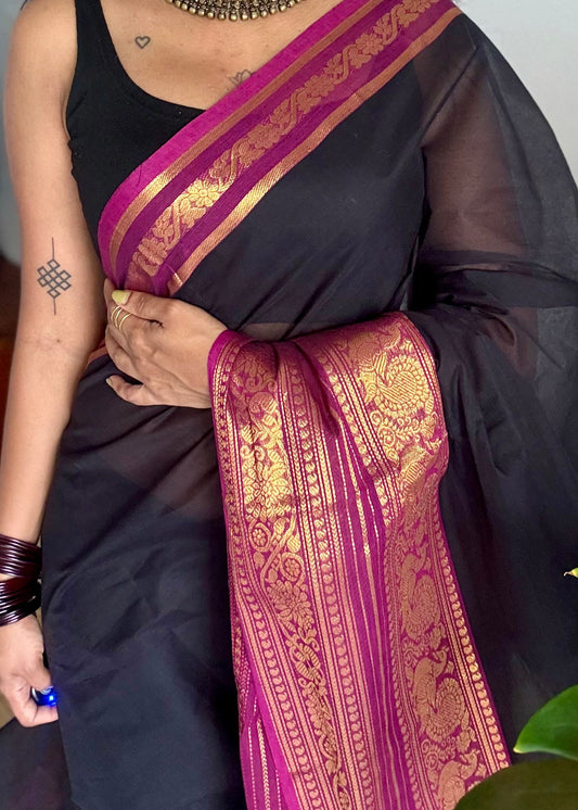 Black with purple pink (vadamalli) wide zari border kanchi cotton saree - YCCOTNCKSE20