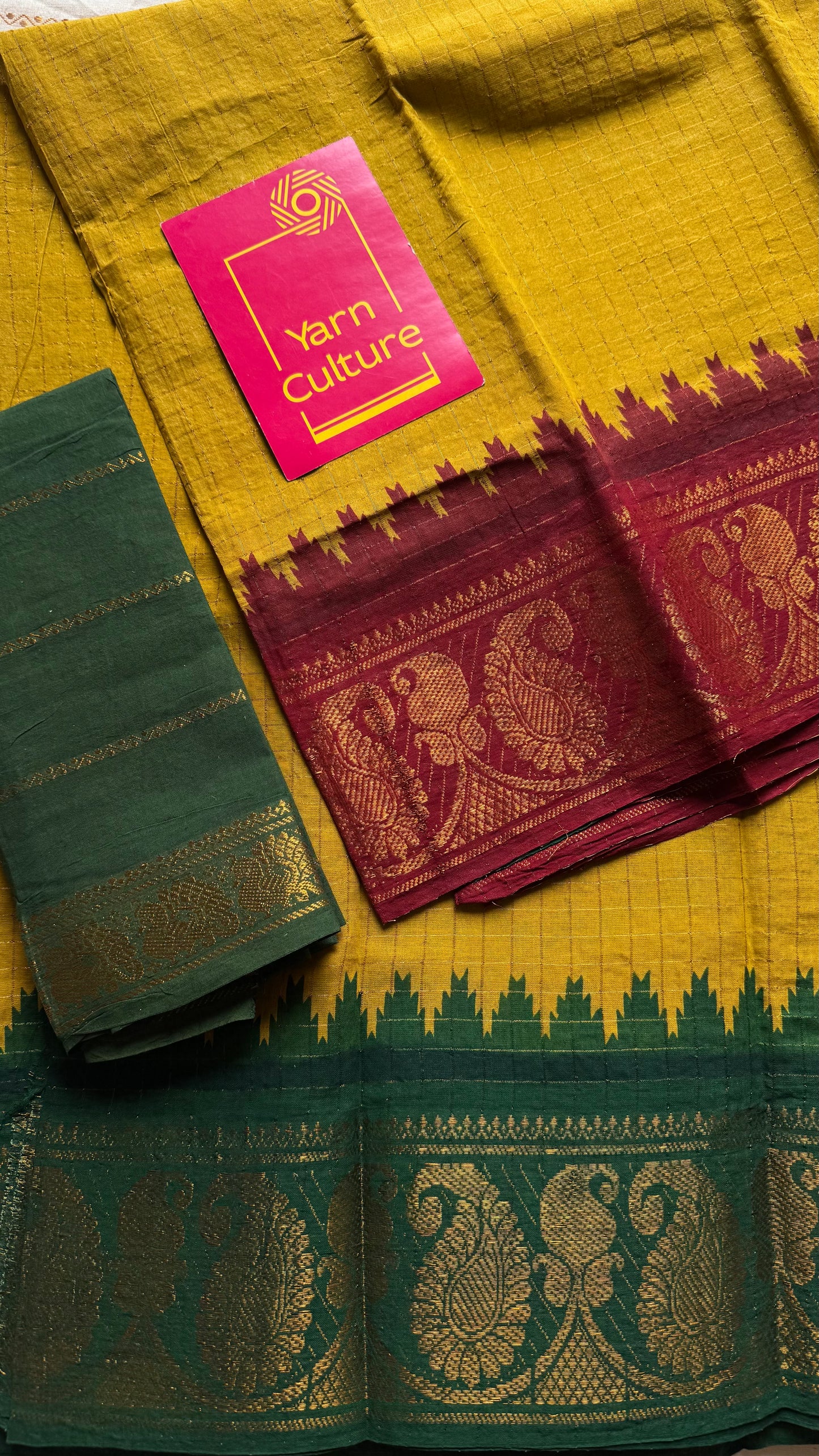 Sungudi cotton checks, mustard yellow base, maroon and dark green dual tone border, soft cotton - YCCOTNMSJUL11