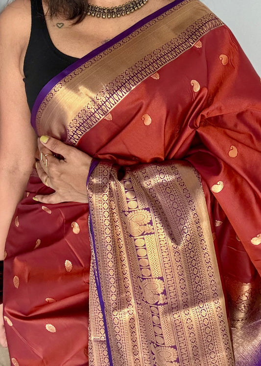 Orangish brown with purple, handloom korvai kanchipuram semi silk - YCSOKSSFE39