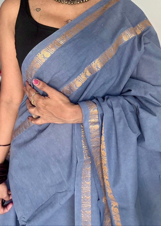 Dark grey rettaipettu peacock gap border, kattuchayam dyed madurai cotton saree  - YCCOTNMSAP95