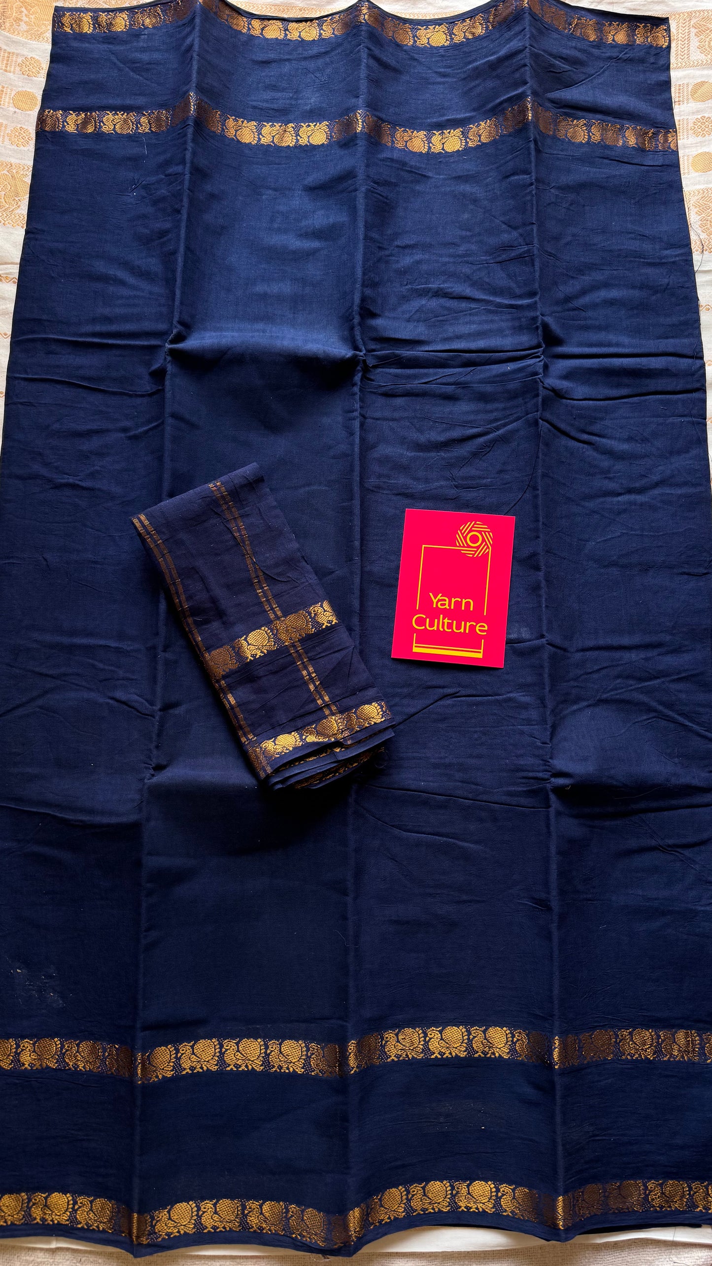 Dark blue rettaipettu peacock double bordered, kattuchayam dyed madurai cotton saree - YCCOTNMA277