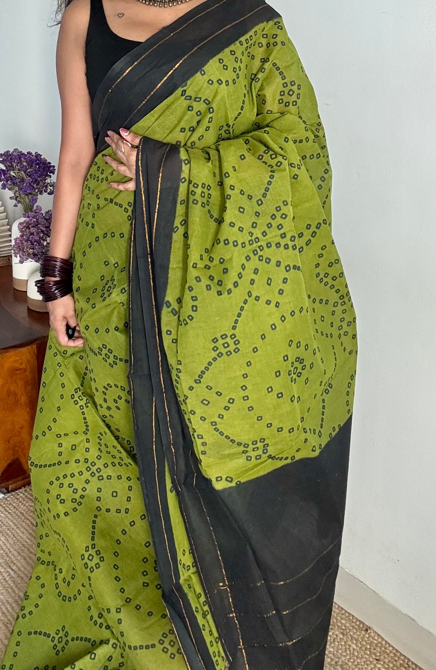 Green with black contrast, kattuchayam dyed madurai cotton saree - YCCOTNMA236