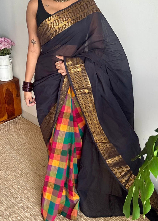 Black chettinad with multicoloured madras checks, cotton half and half saree - YCCOTNIDOC166