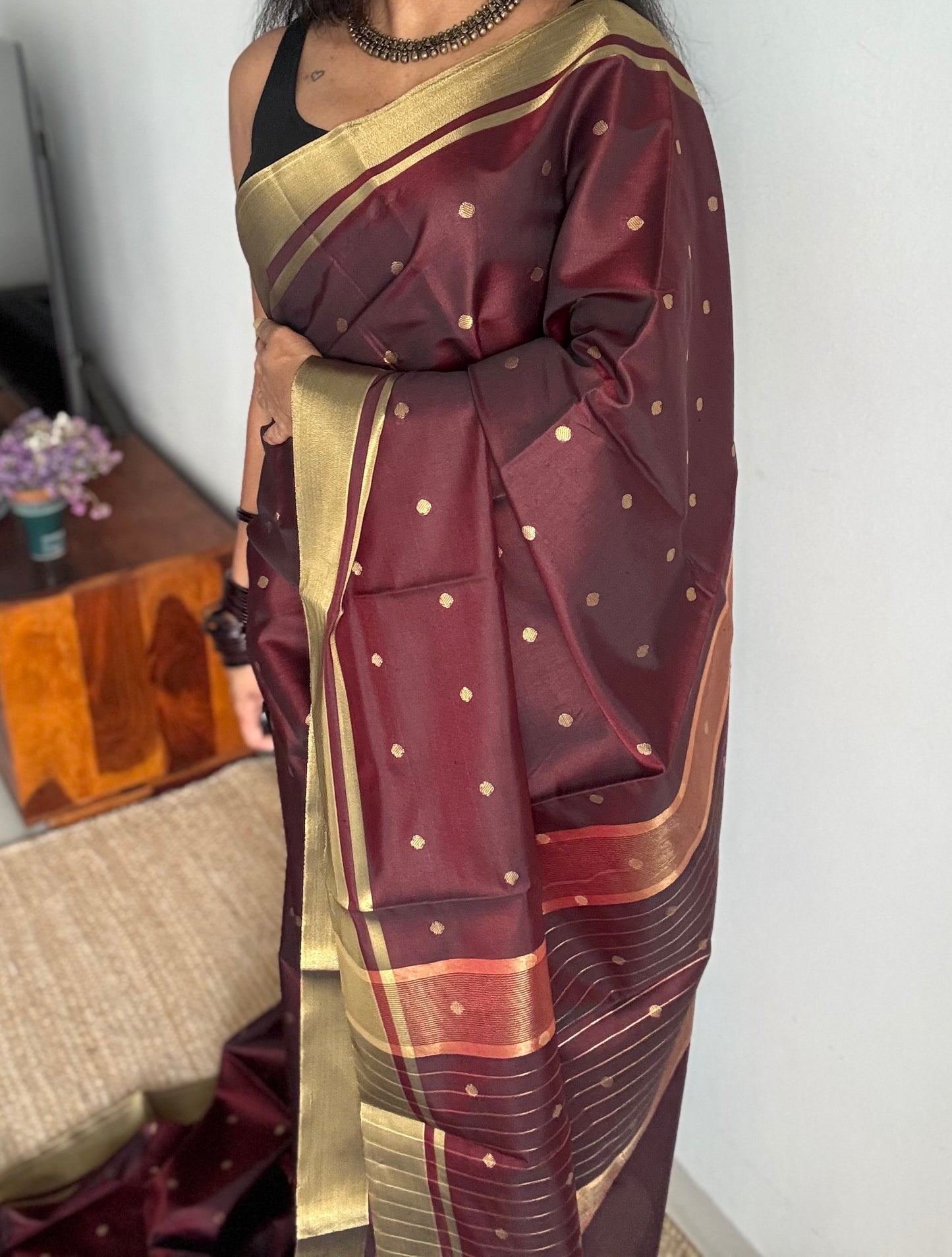 Maroon with antique gold border & buttas, semi katan silk - YCBLSSJA17