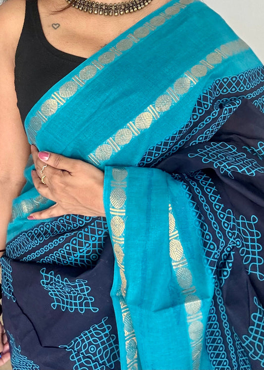 Dark blue with aqua blue, kolam print, rettaipettu gap border, madurai soft cotton - YCCOTNMSAP201