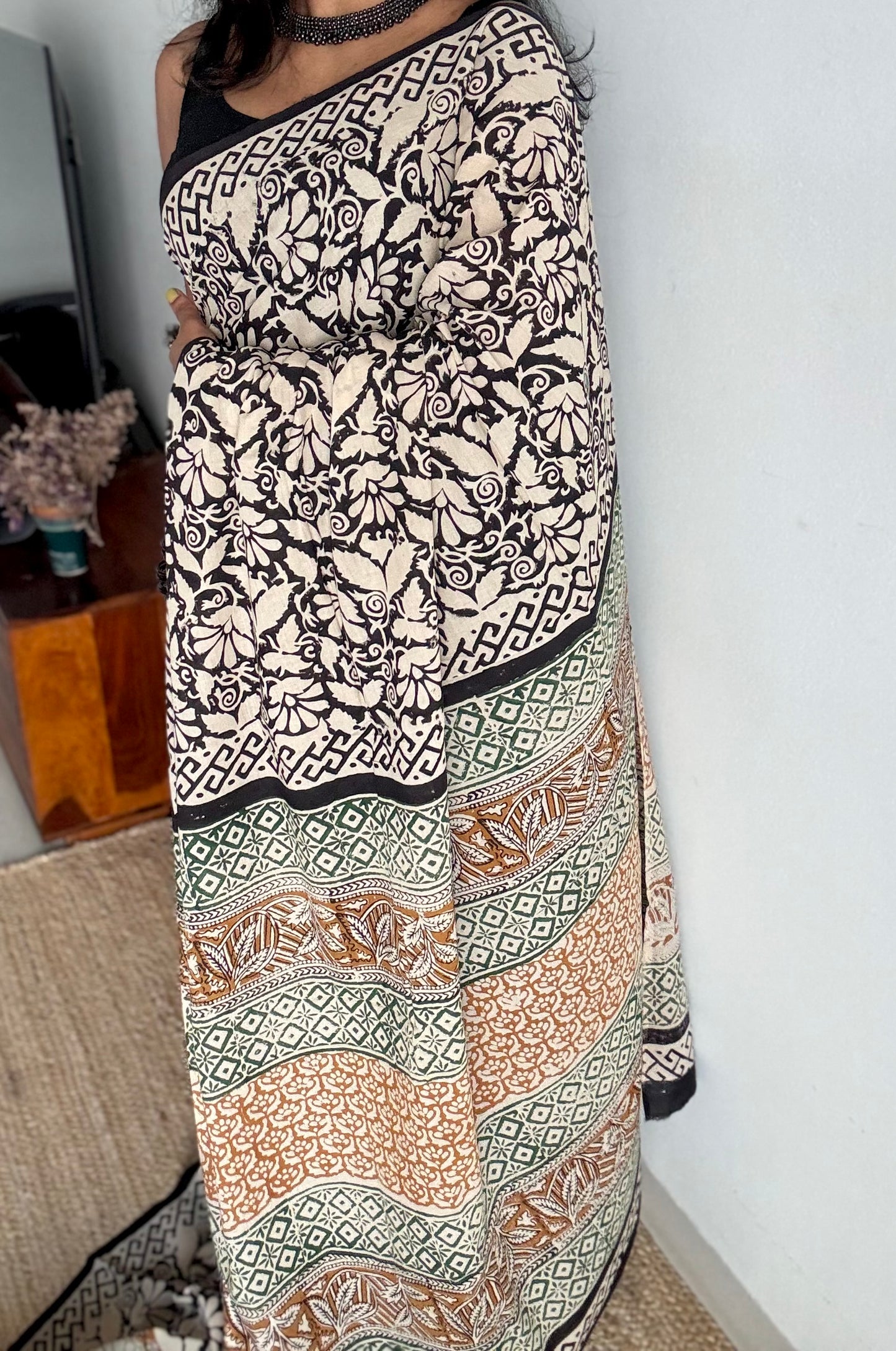 Raah - black and white to earthy brown, half half pattern, block print, soft cotton - YCWOTDNOBP93