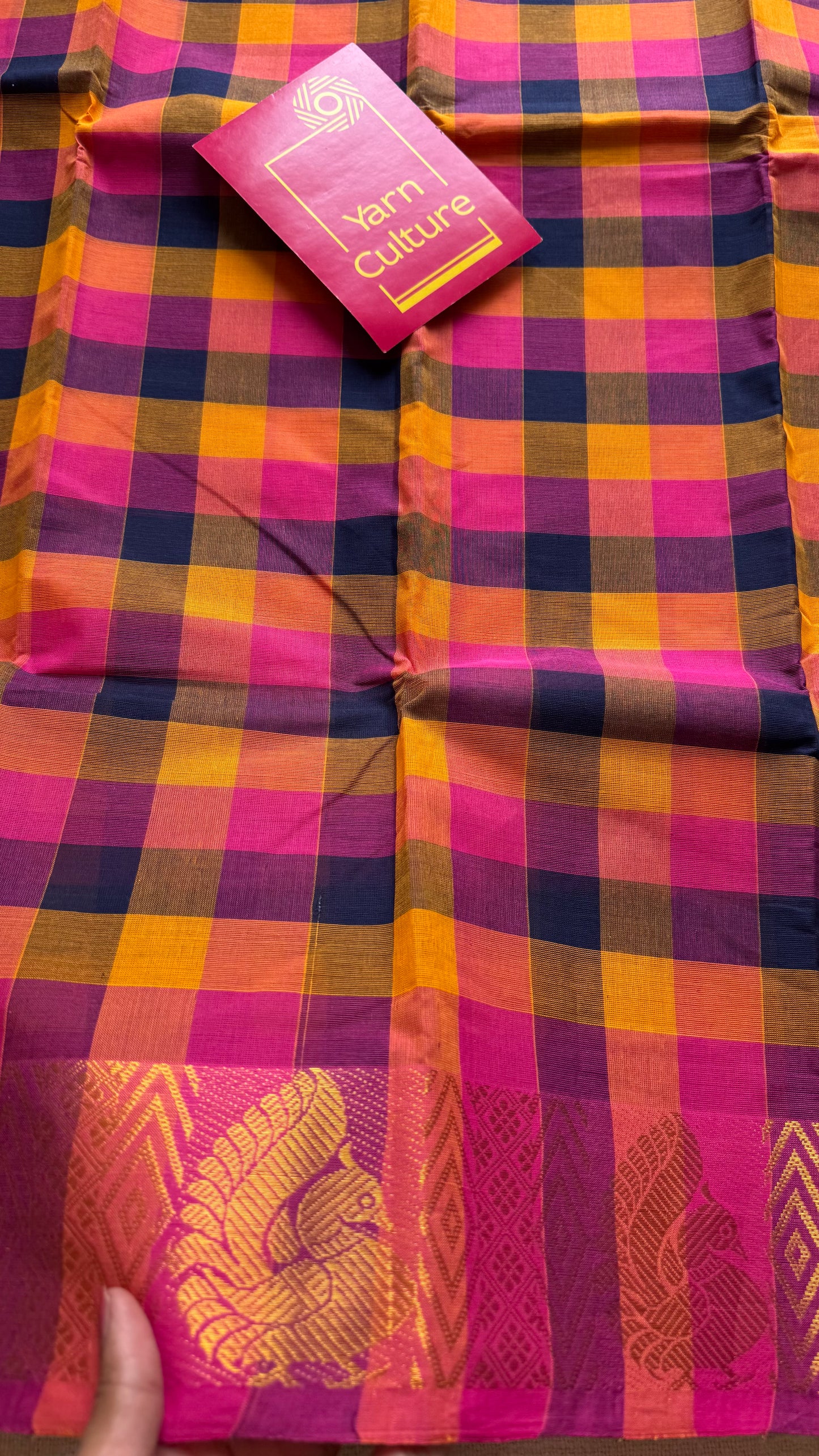 Multicolour Chettinad cotton saree with paalum pazhamum checks (hot pink, yellow, navy, orange) - YCCOTNMA281