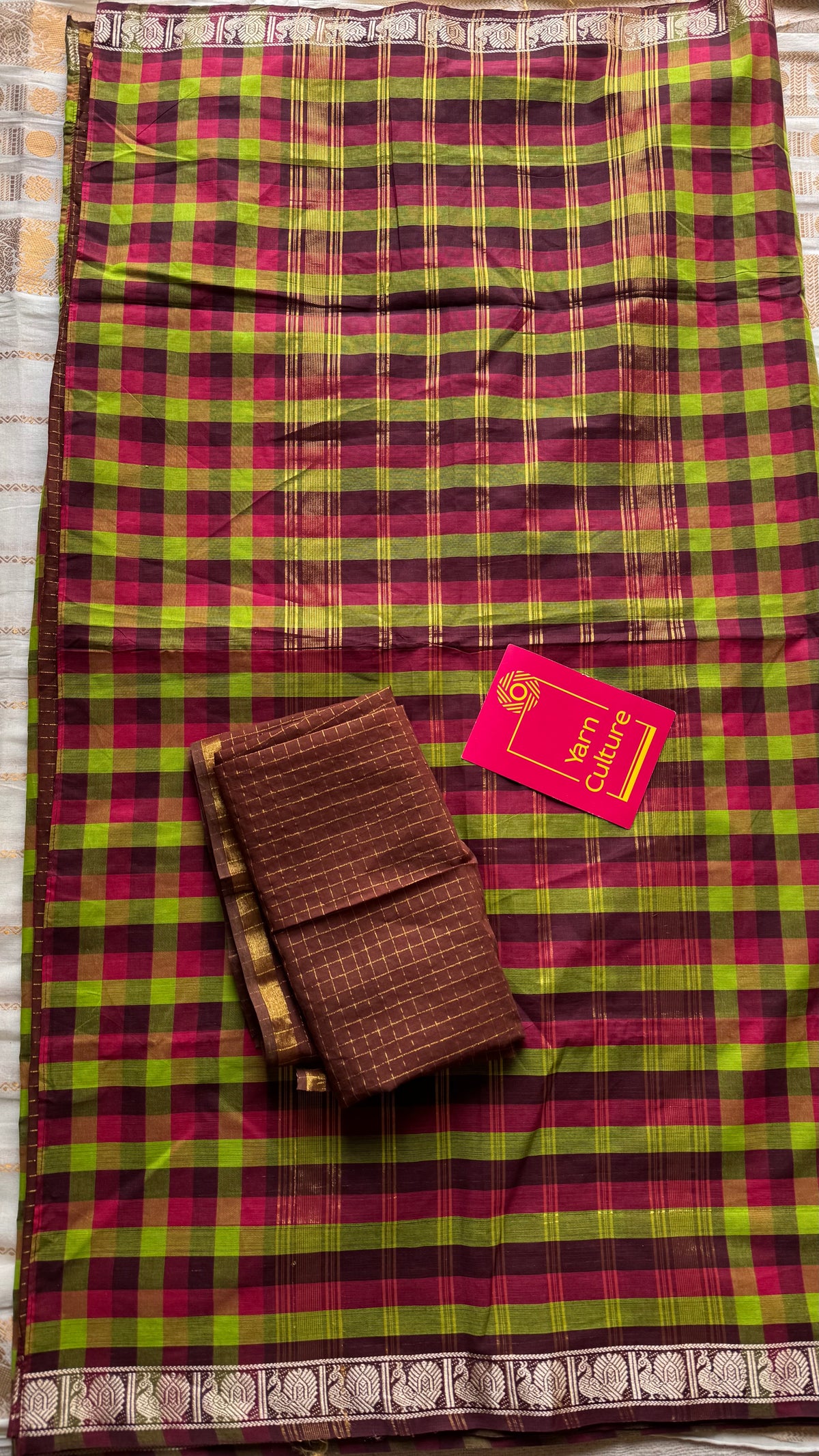 Multicoloured checks with brown, sungudi and chettinad cotton half-half saree - YCCOTNIDOC39