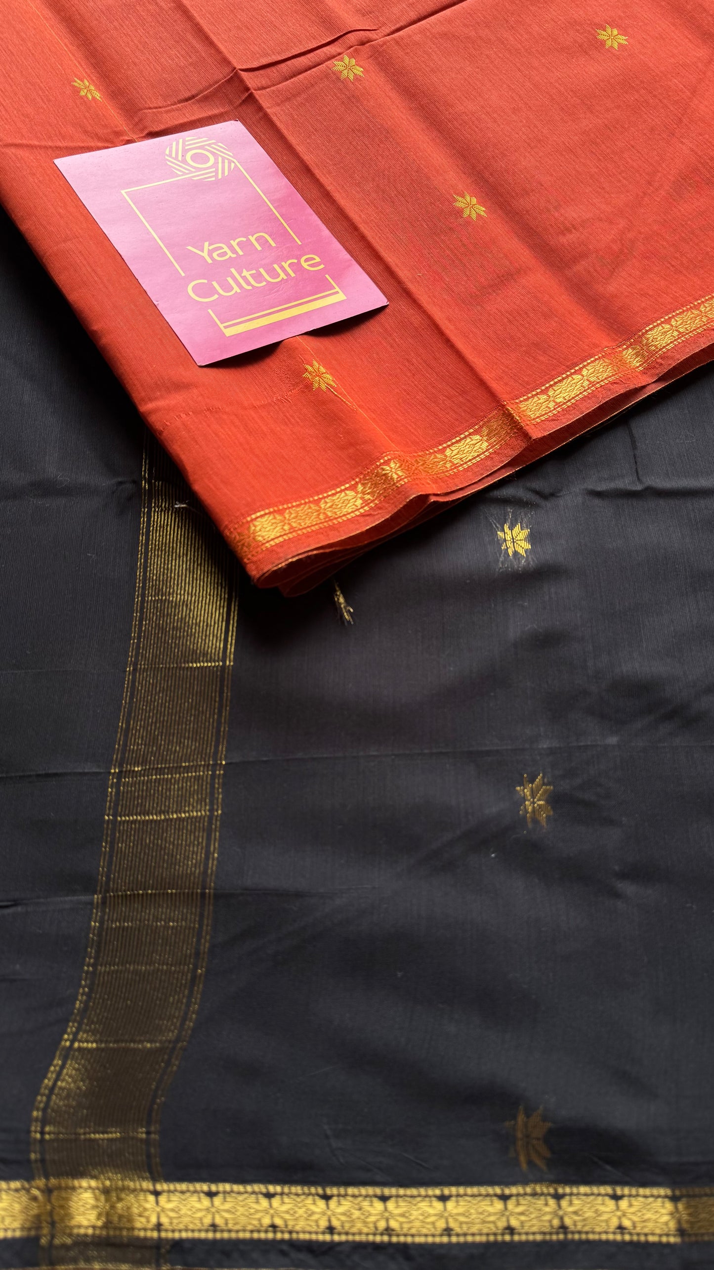 Orange with black, gold buttas, semi maheshwari cotton silk - YCCOTNFEJUSM01