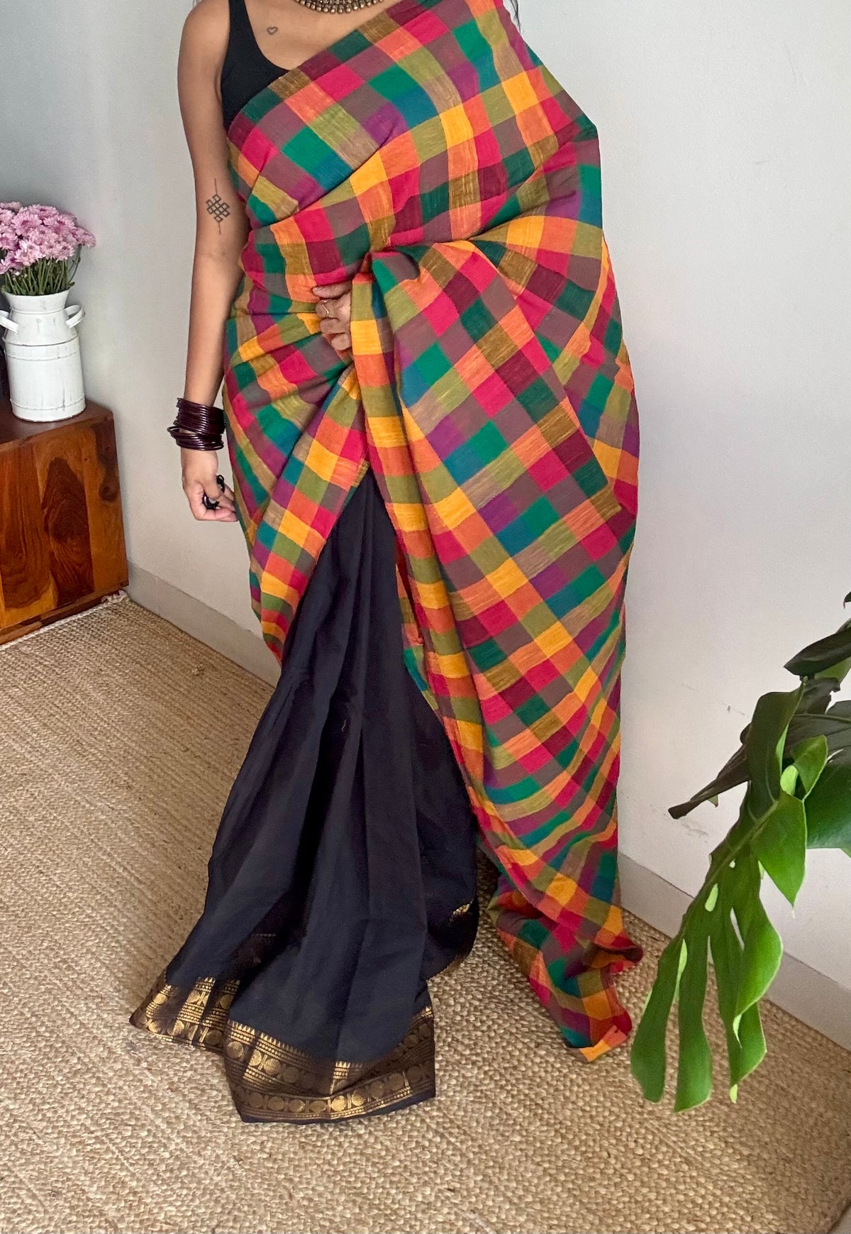 Black chettinad with multicoloured madras checks, cotton half and half saree - YCCOTNIDOC166