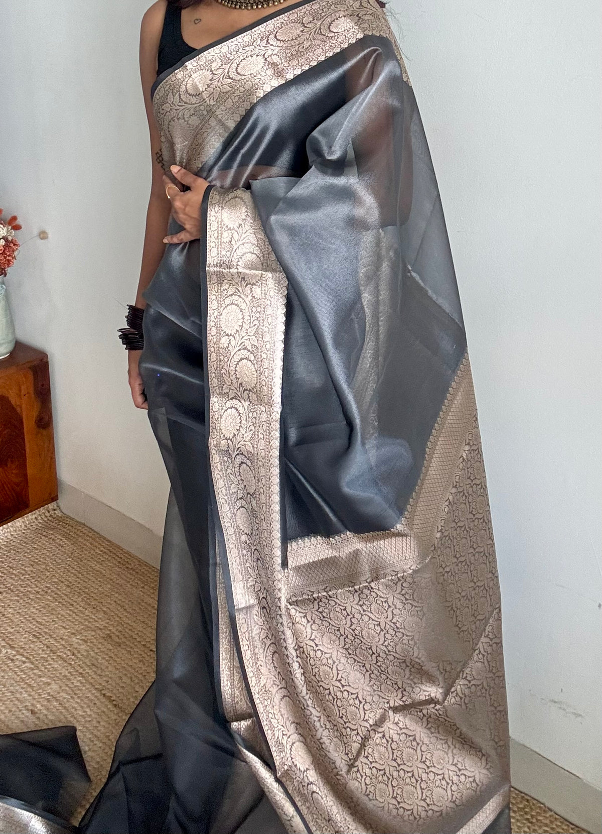 Grey tissue Banarasi saree with zari border - YCBLTOC91