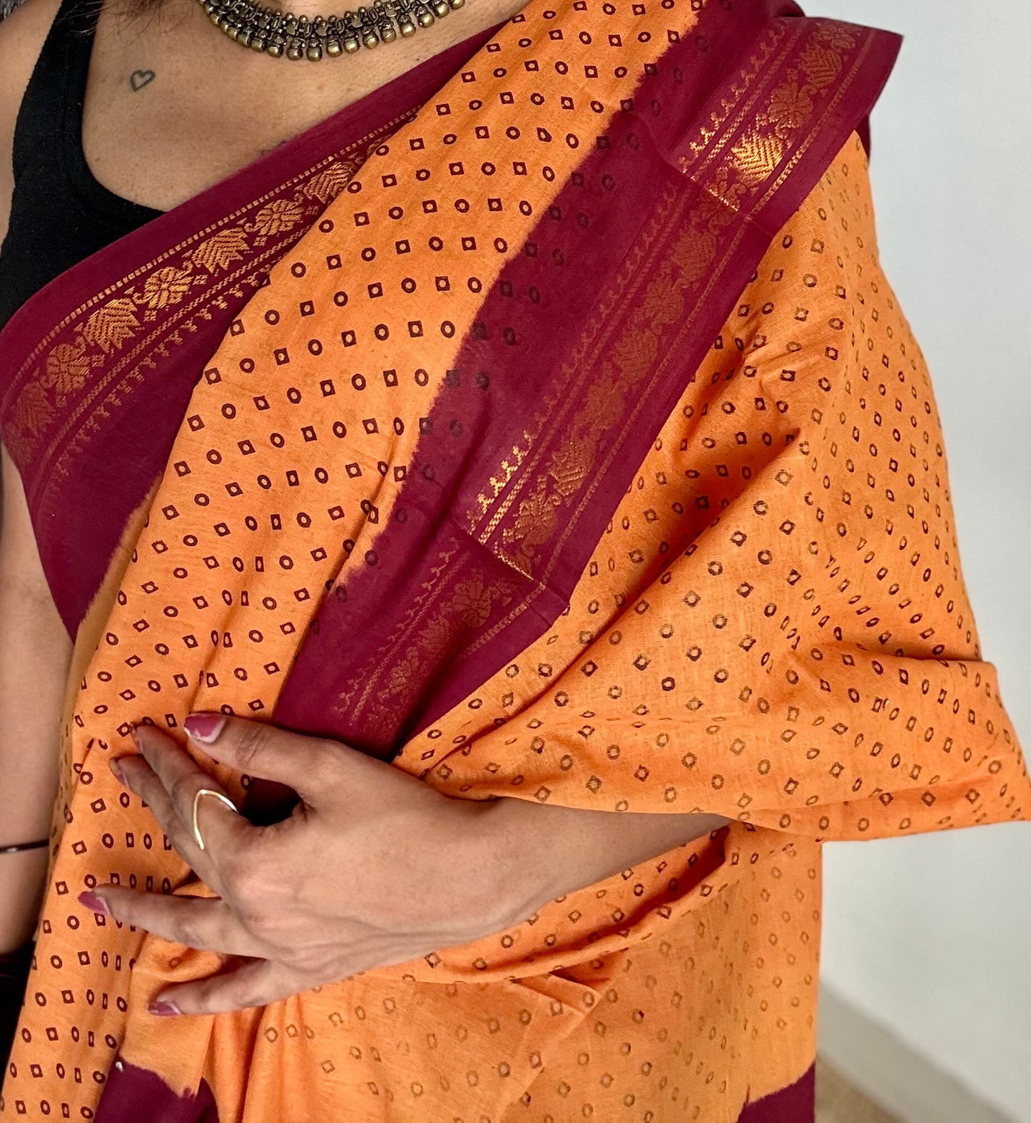 Light orange with maroon contrast, kattuchayam dyed madurai cotton saree - YCCOTNMA249