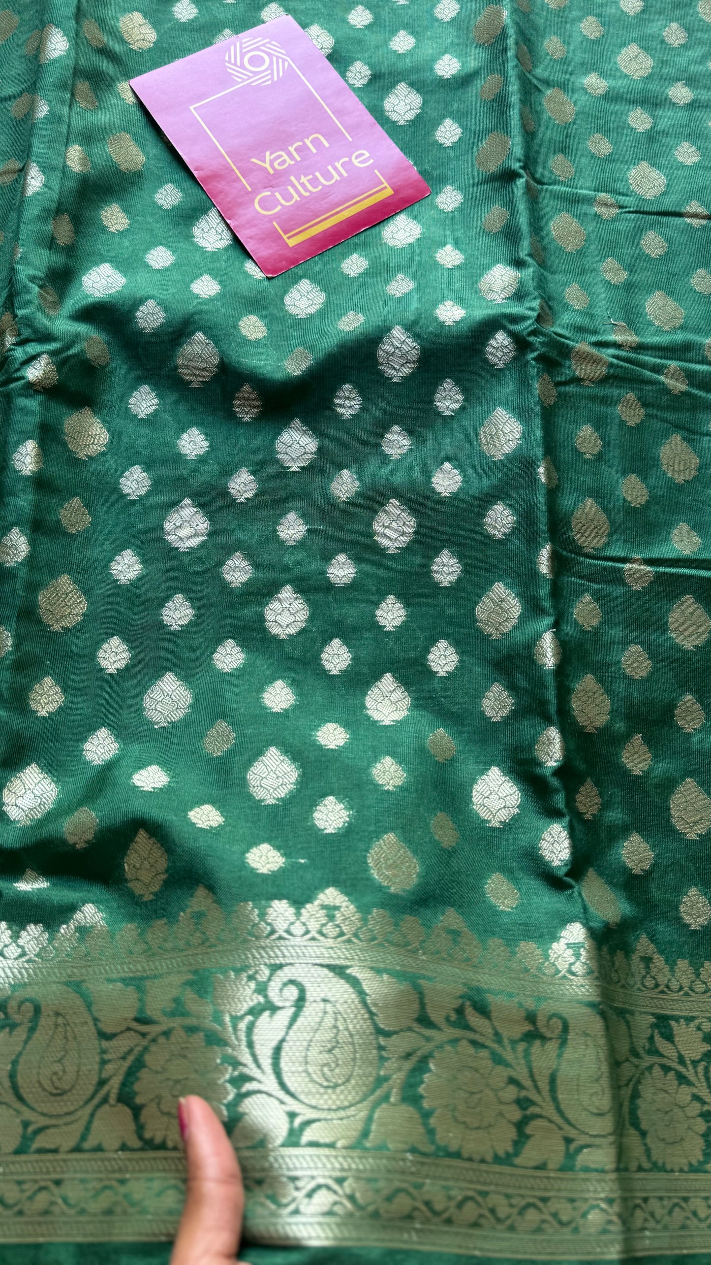 Bottle green, silver buttas and zari, Banarasi semi-silk - YCDESE40