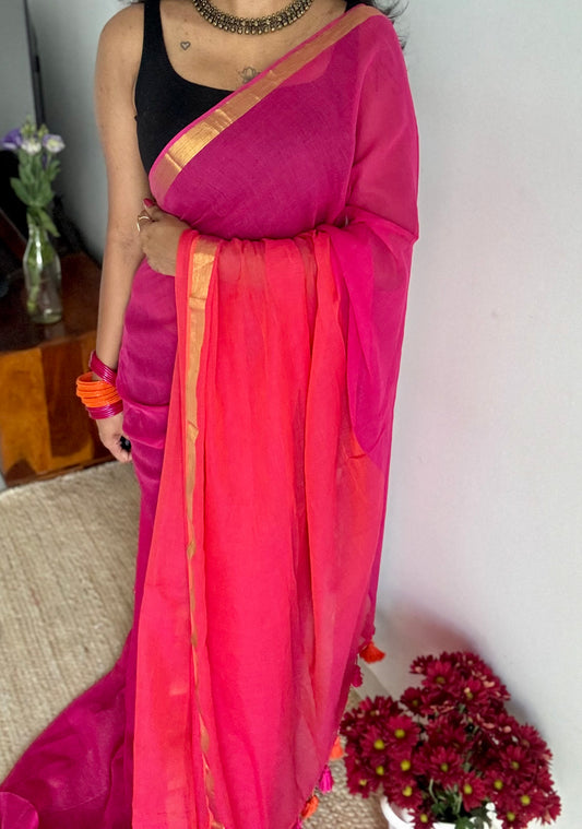 Magenta with dual tone orangish pink mul, thin antique gold zari border- YCBCMCLSE33