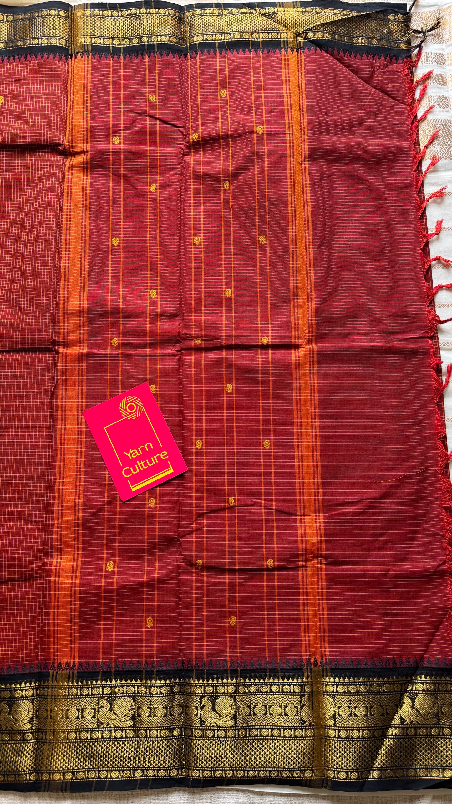 Brick red with black contrast, checkered kanchi cotton saree - YCCOTNJU20