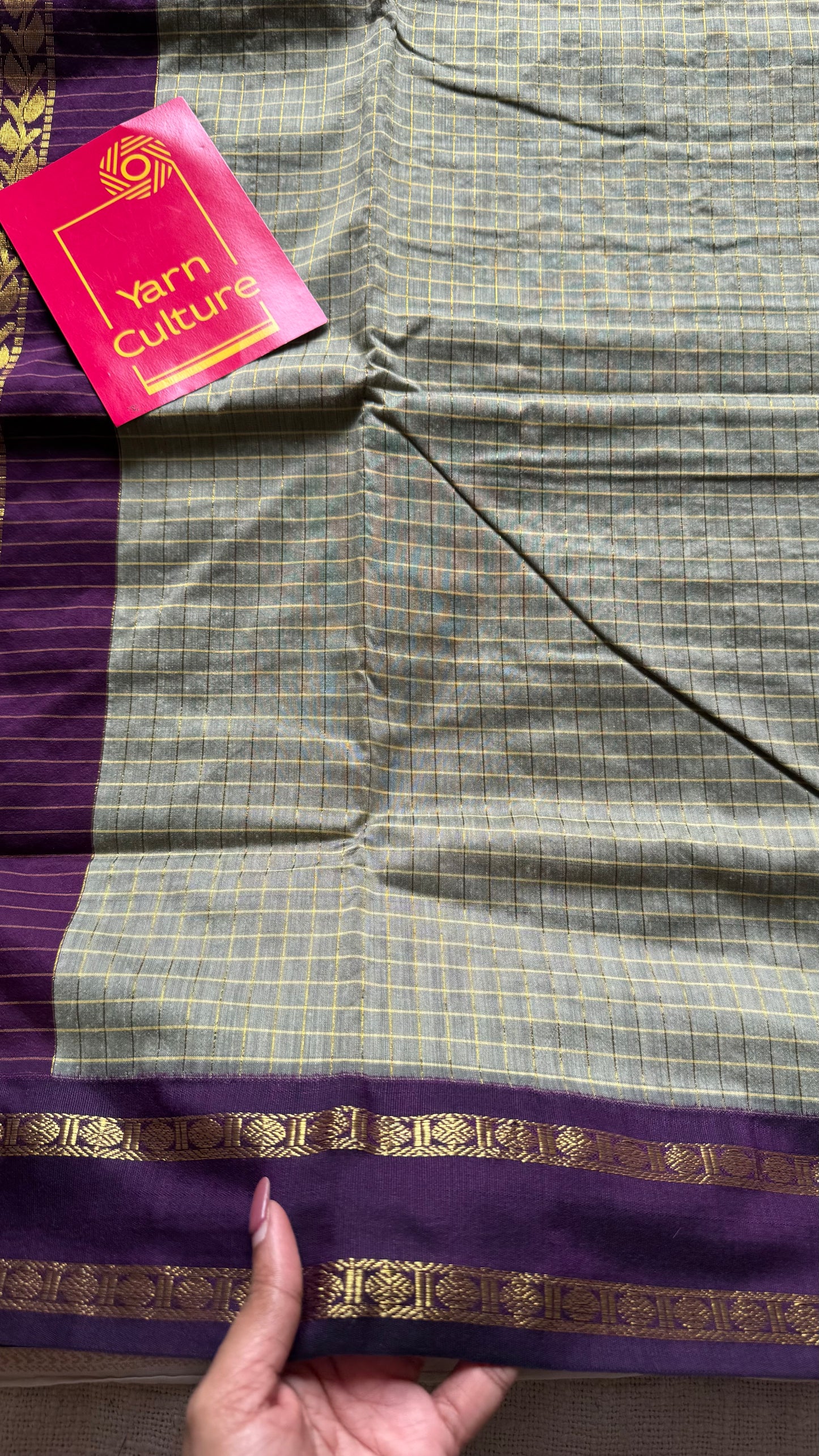 Grey with wine contrast arani checkered saree, cotton silk - YCCOTNAUG11