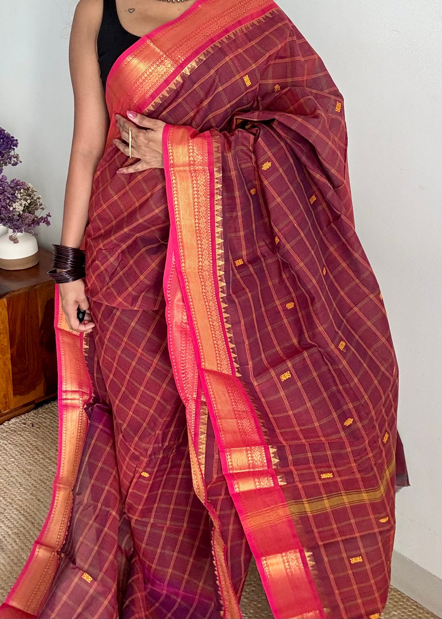 Maroon and fuchsia pink contrast, checkered Chettinad cotton saree - YCCOTNMA266