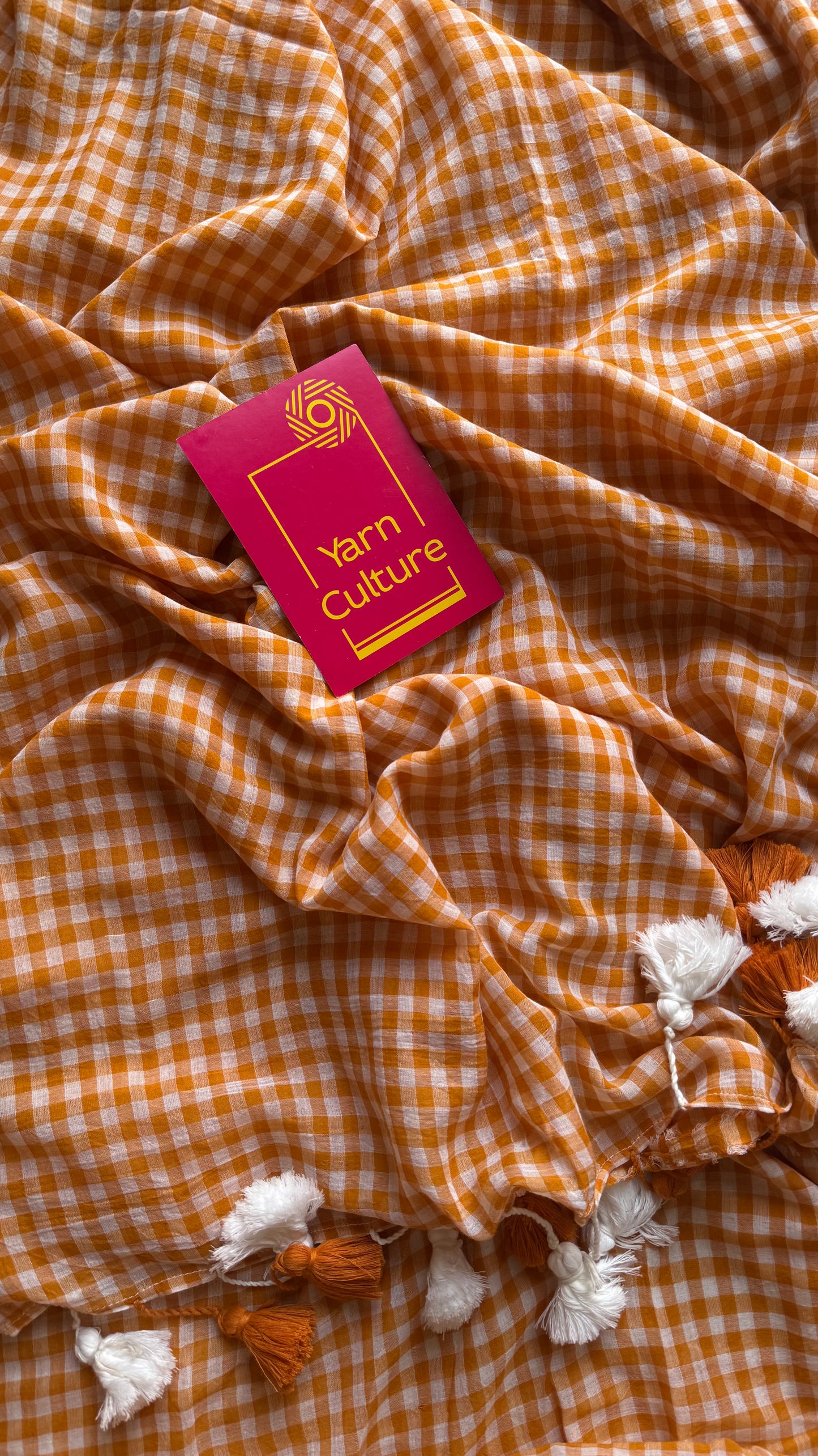 Light orange and white checkered mul cotton saree  - YCBCMCCMA26