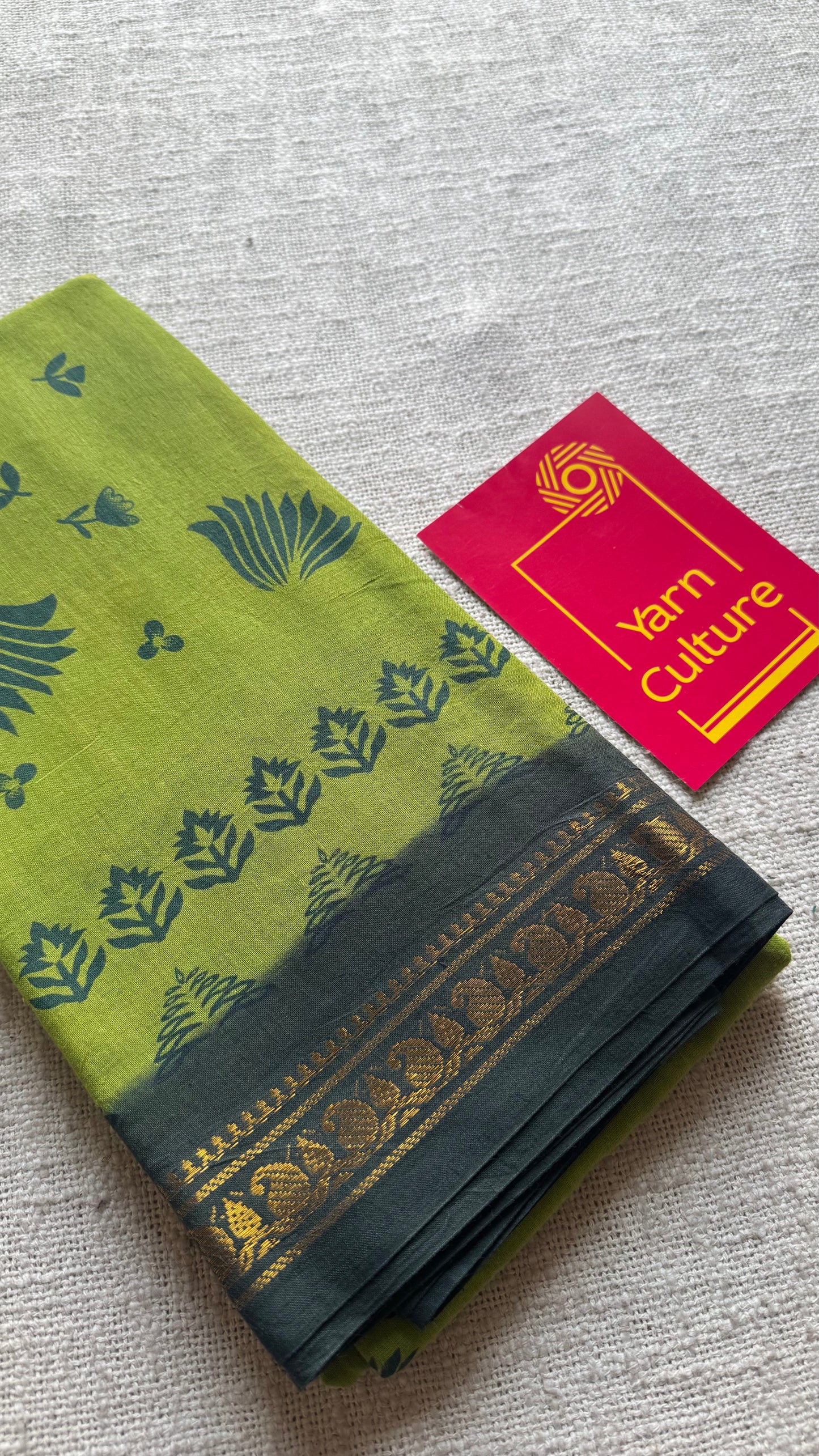Light green with dark green, motif printed, kattuchayam dyed madurai sungudi cotton saree - YCCOTNMSFE75